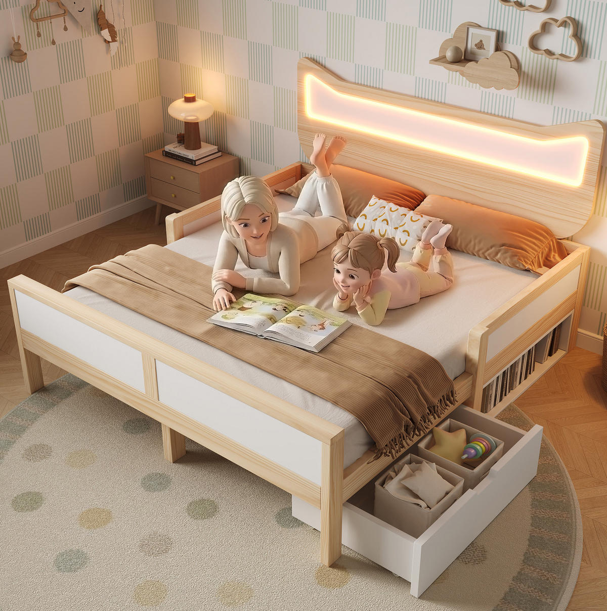 KINDERBETT 140/200 cm, Weiß/Eiche mit Katzenkopfteil und RGB-LED - Weiß, Holz (140/200cm) - MIVRAY