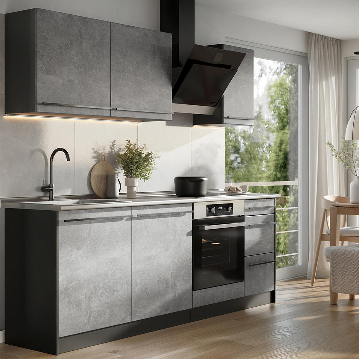 KUCHYŇSKÝ KOUT R-Line, Beton/Antracit, 220 cm pracovná doska antracitová - šedá/antracitová, kompozitní dřevo (220/81.6/60cm) - Vicco