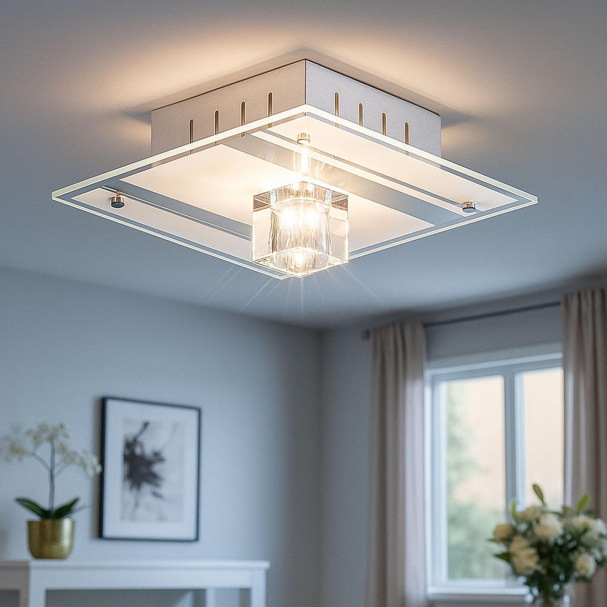 DECKENLEUCHTE Metall Silber kristall 2er Set - Silberfarben, Glas (18/18/8cm)