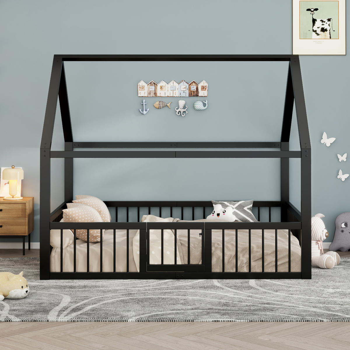 KINDERBETT 140/200 cm in Hausform aus Metall mit Sicherheitsgeländer Schwarz - Schwarz, Metall (140/200cm) - BEAOK