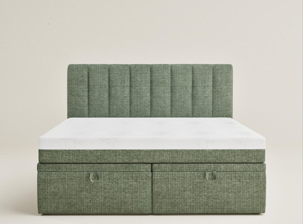 BOXBETT 180/200 cm Lovage M, in Grün, Matratze, gepolstertes Kopfteil, Bettkasten, H3 = fest - Schwarz/Grün, Holz/Holzwerkstoff (180/200cm) - Maison de Reve