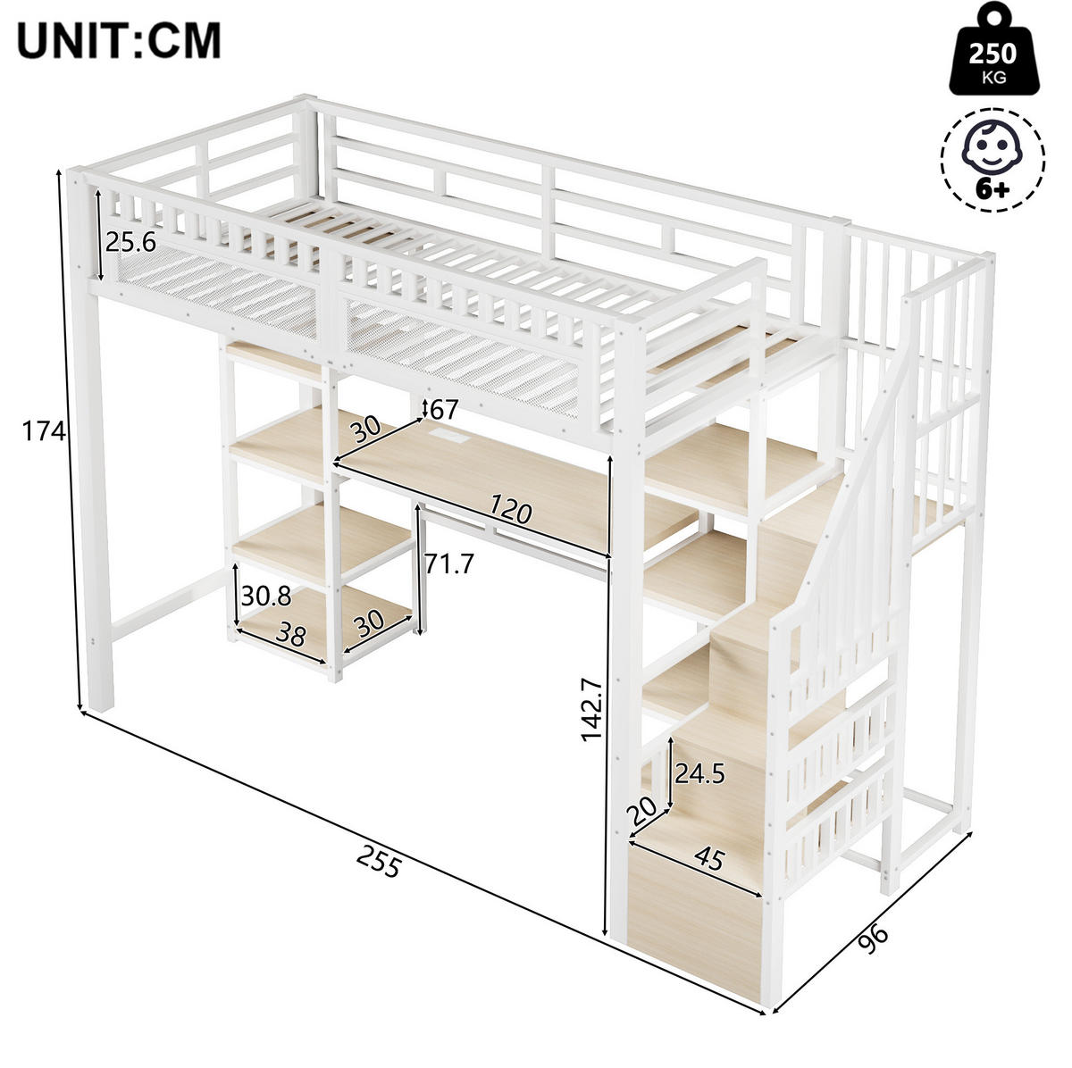 HOCHBETT 90/200 cm Weiß aus Metall und MDF mit Schreibtisch - Weiß, Metall (90/200cm) - OKMYHOME