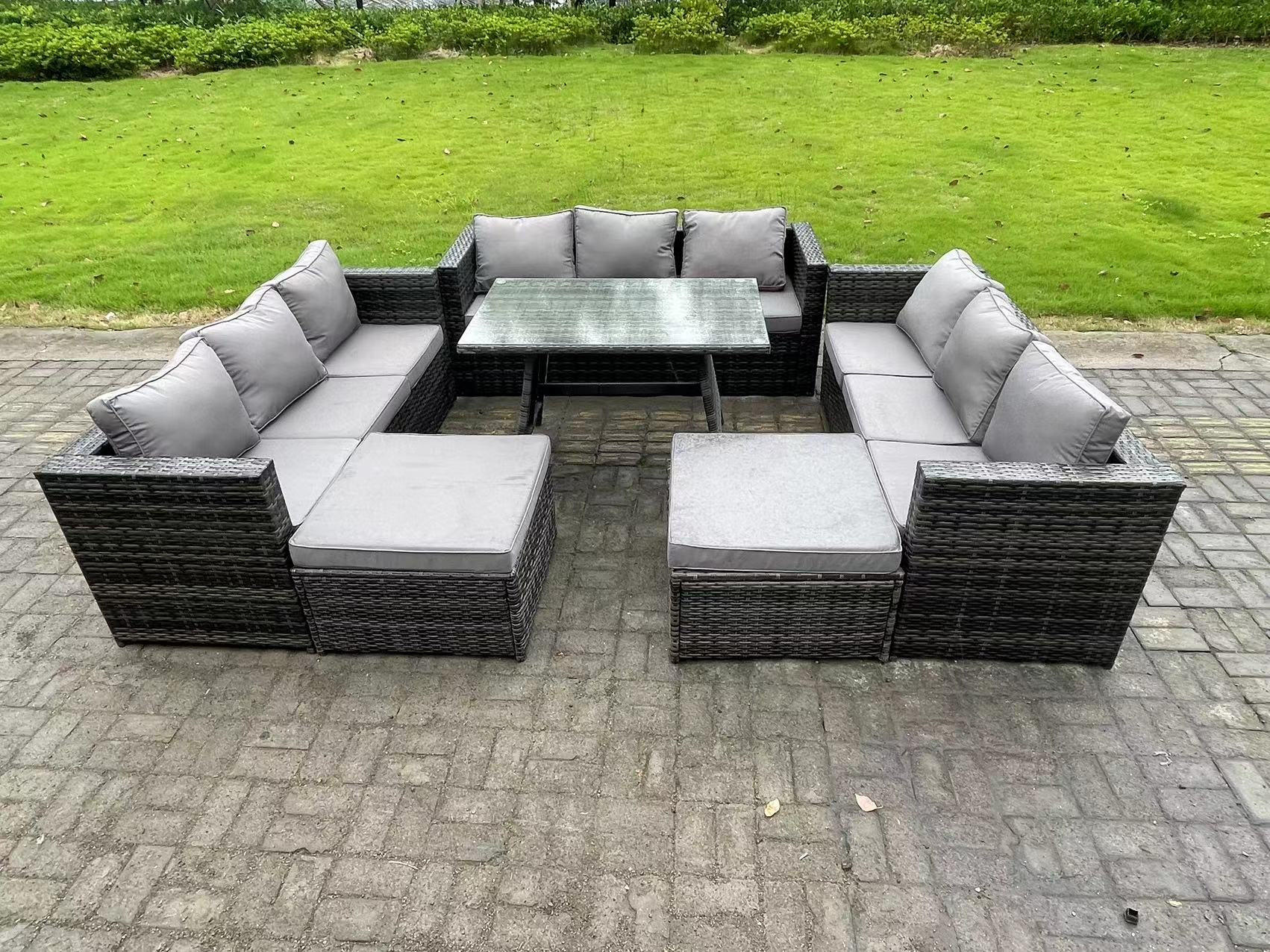 GARTENMÖBELSET mit 2 Hockern 11-Sitzer Grau - Dunkelgrau/Grau, Glas/Kunststoff - Fimous