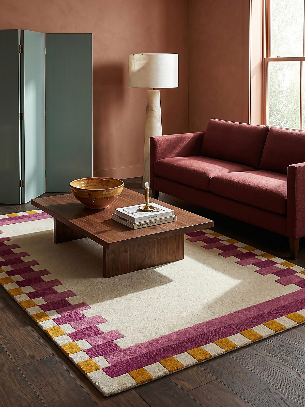 WOLLTEPPICH Geometrisches Muster, Rahmen, Wohnzimmer schmutzabweisend Rosa-Gelb Rechteckig 160x230 - Rosa, Textil (160/230cm) - KADIMA DESIGN