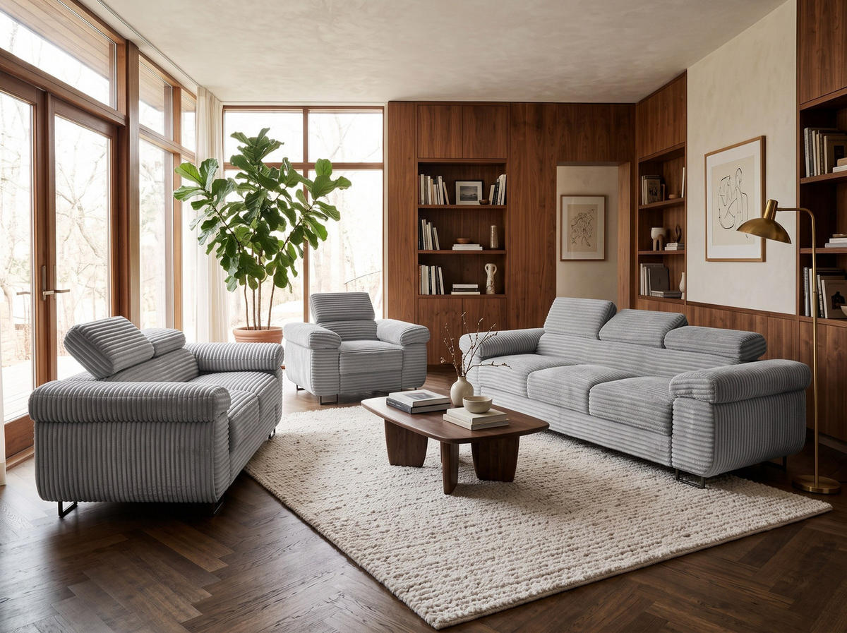 GUSTAW Sitzgarnitur 3+2+1, Schlafsofa 3-Sitzer, Cordbezug Hellgrau - Hellgrau, Textil (225/92/101cm) - KS Home Concept