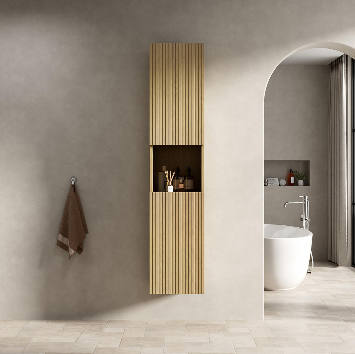 BADEZIMMERSCHRANK 160 cm Golden Oak mit 2 Türen und offenem Fach - Eichefarben, Holzwerkstoff (35/35/160cm) - Beauniv