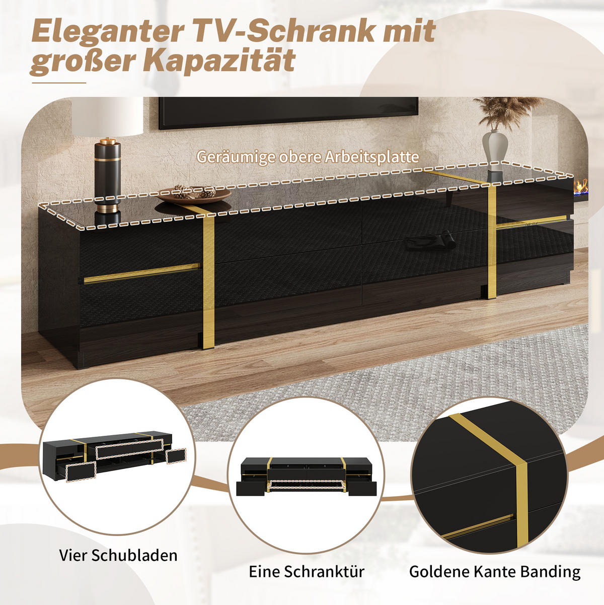 TV-LOWBOARD 180/40/38 cm mit 4 Schubladen und 2 Türen in Schwarz - Schwarz, Holzwerkstoff (180/38/40cm) - BEAOK