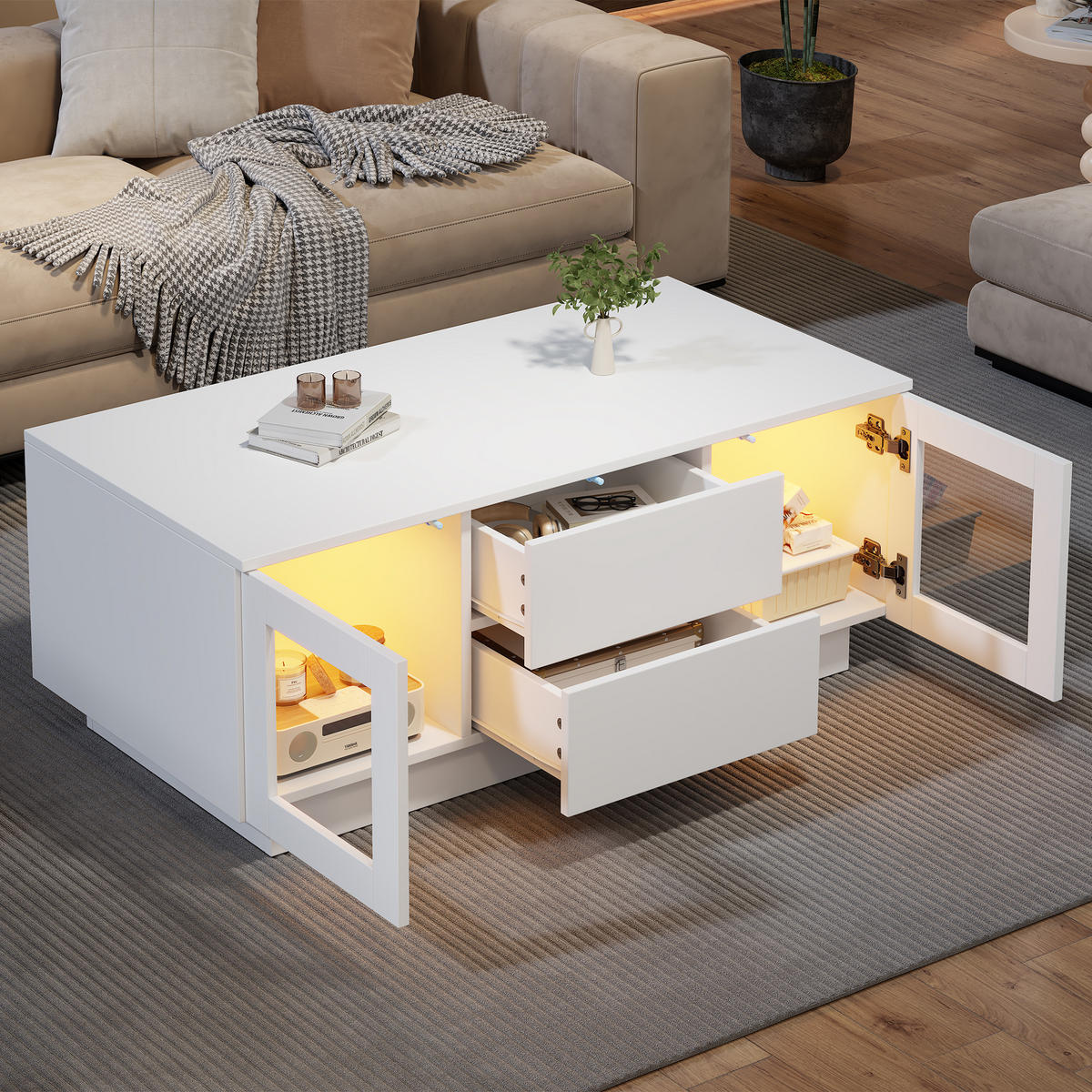 COUCHTISCH Hochglanz mit App-LED Weiß 100/50/40 cm - Weiß, Holzwerkstoff (100/50/40cm)