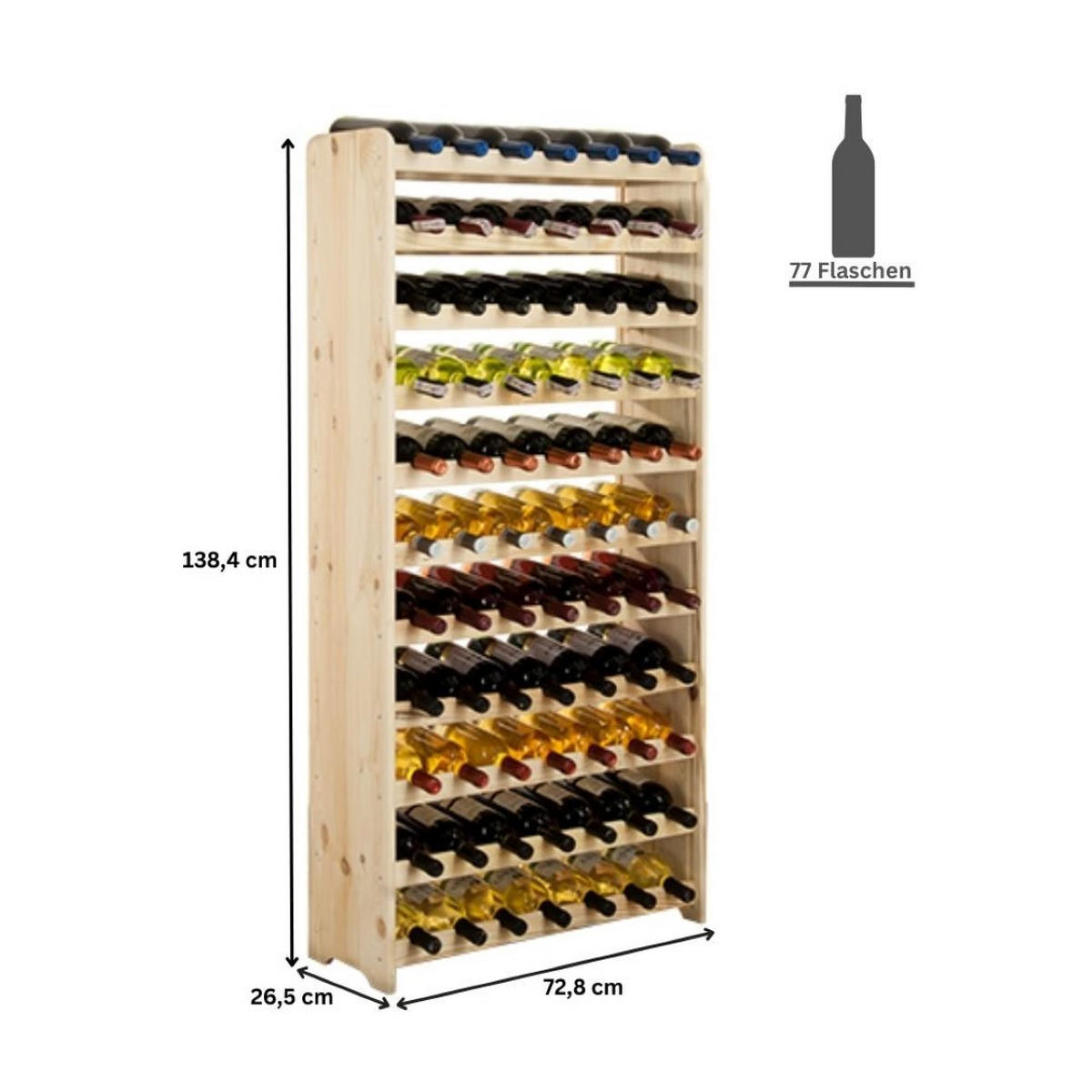 WEINREGAL Pinotwine C 138,4x72,8x26,5 cm 77 Flaschen Massives Kiefernholz Natur Unbehandelt - Naturfarben, Holz (72.8/138.4/26.5cm) - PROREGAL