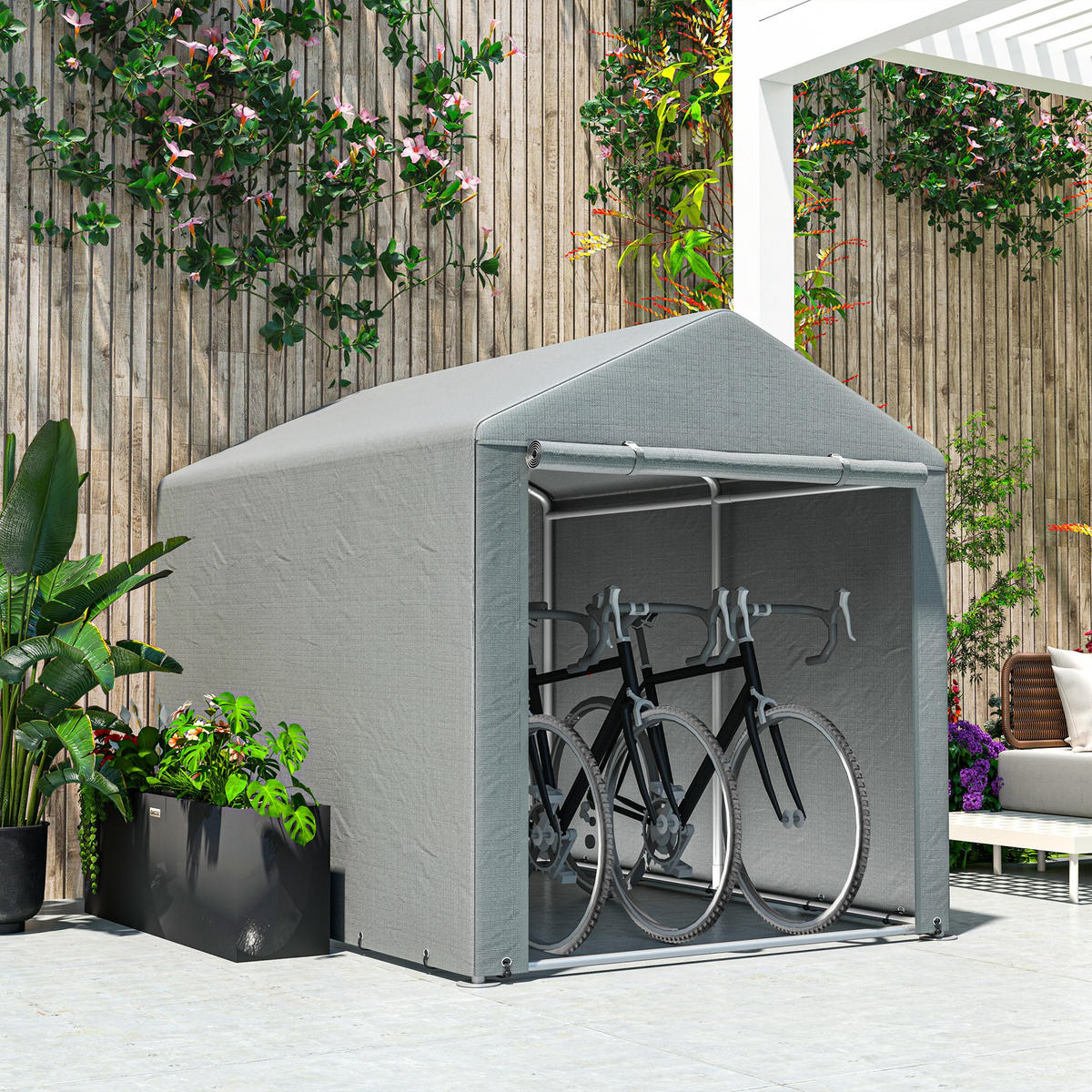 GARTENHAUS 2 Fächer, Tür mit Reißverschluss, wasserdicht, UV-beständig 1,6 x 2,2 x 1,7 m ,hellgrau - Hellgrau, Metall (218/172/160cm) - Vallsero