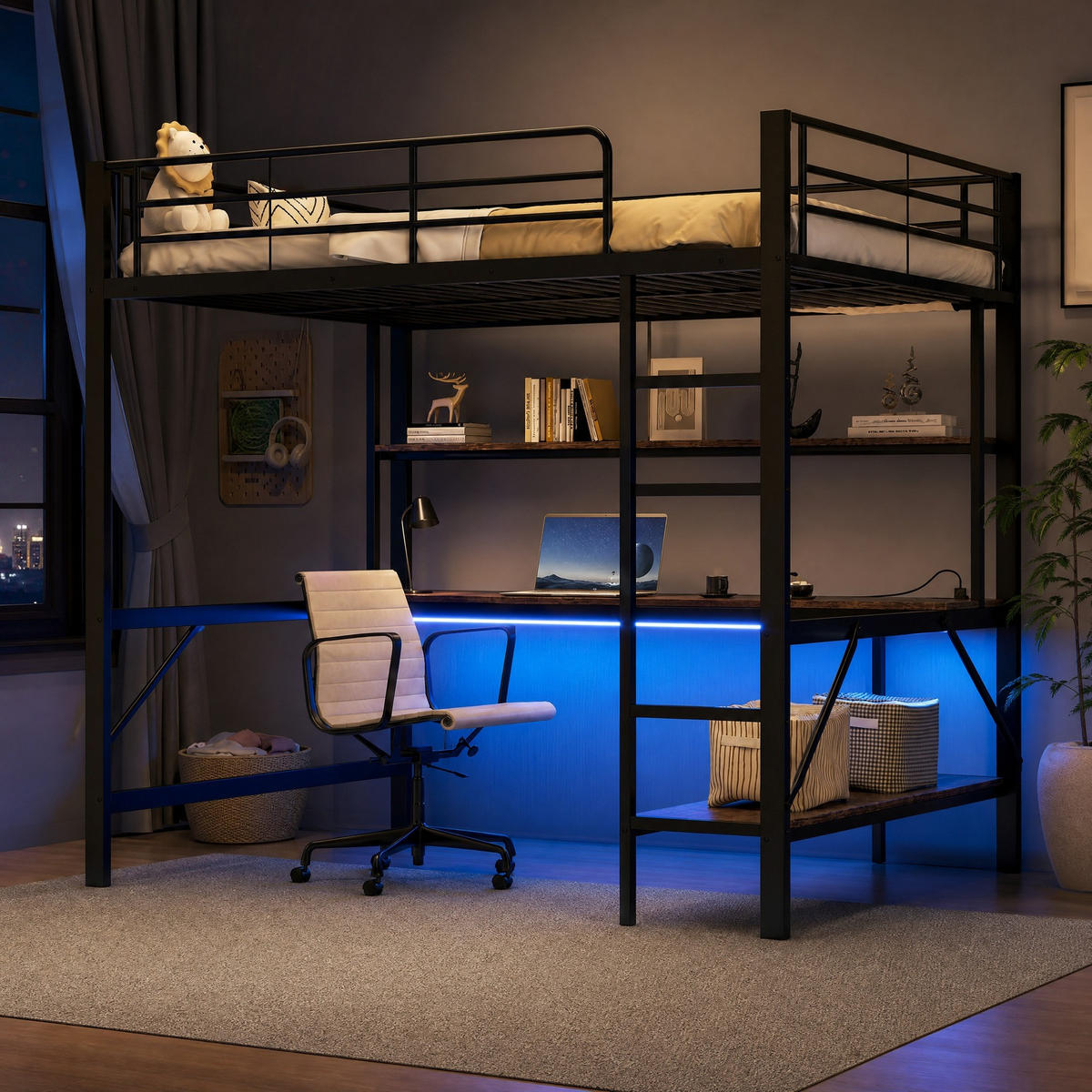 HOCHBETT 140/200 mit LED, USB, Steckdose und Schreibtisch in Schwarz - Schwarz, Holz/Holzwerkstoff (140/200cm) - EVRYAE