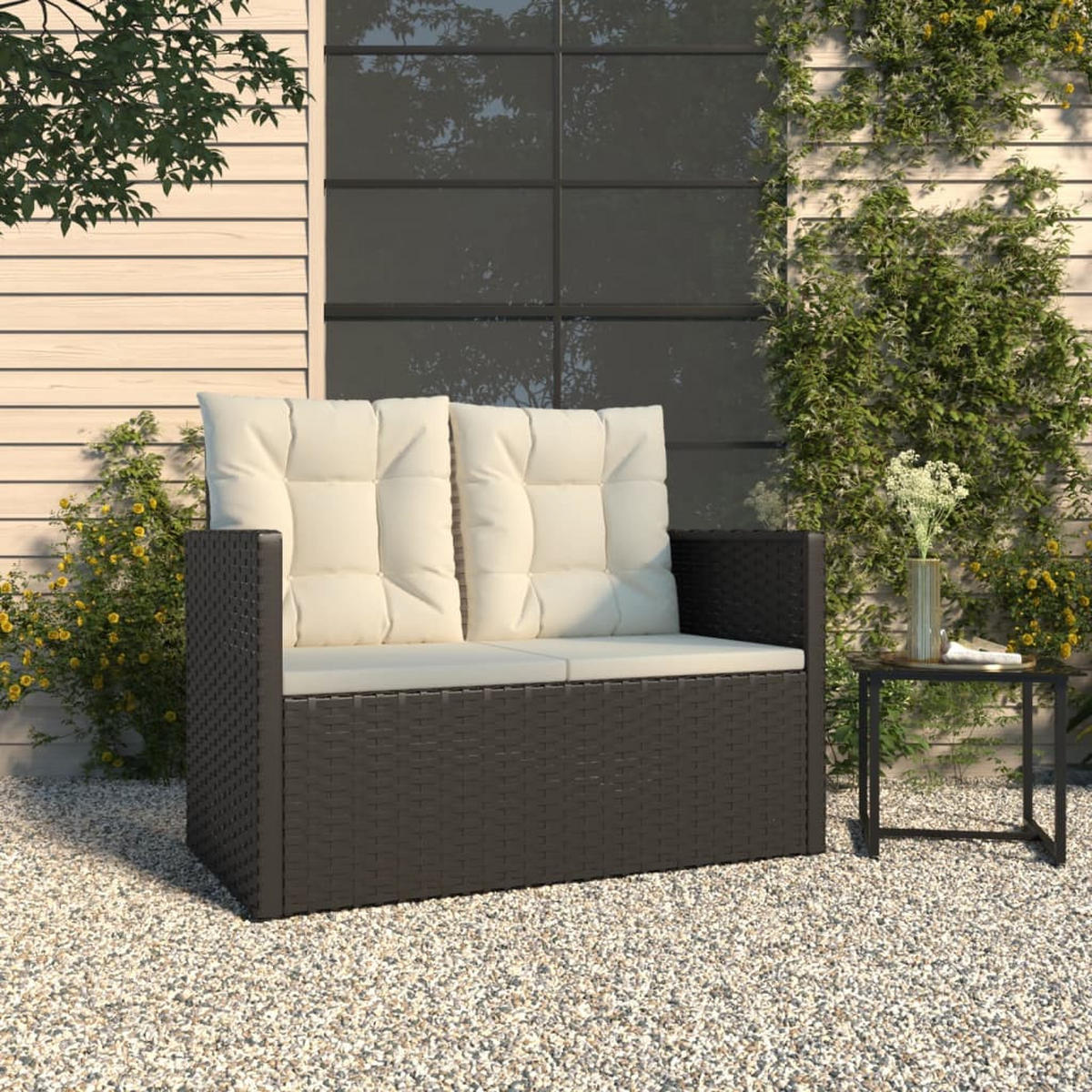 GARTENBANK mit Kissen Schwarz 105 cm Poly Rattan - Schwarz, Kunststoff (105/75/56cm) - furnicato