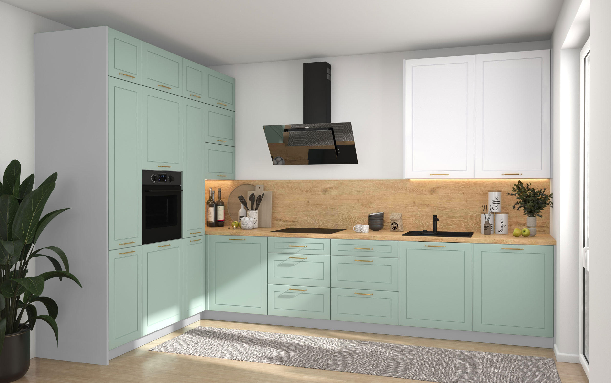 L-FORM KÜCHENZEILE Bari (16-tlg) Grau / Blassgrün - Signalweiß - Grün, Holzwerkstoff/Metall (347/243/202cm) - Feldmann-Wohnen