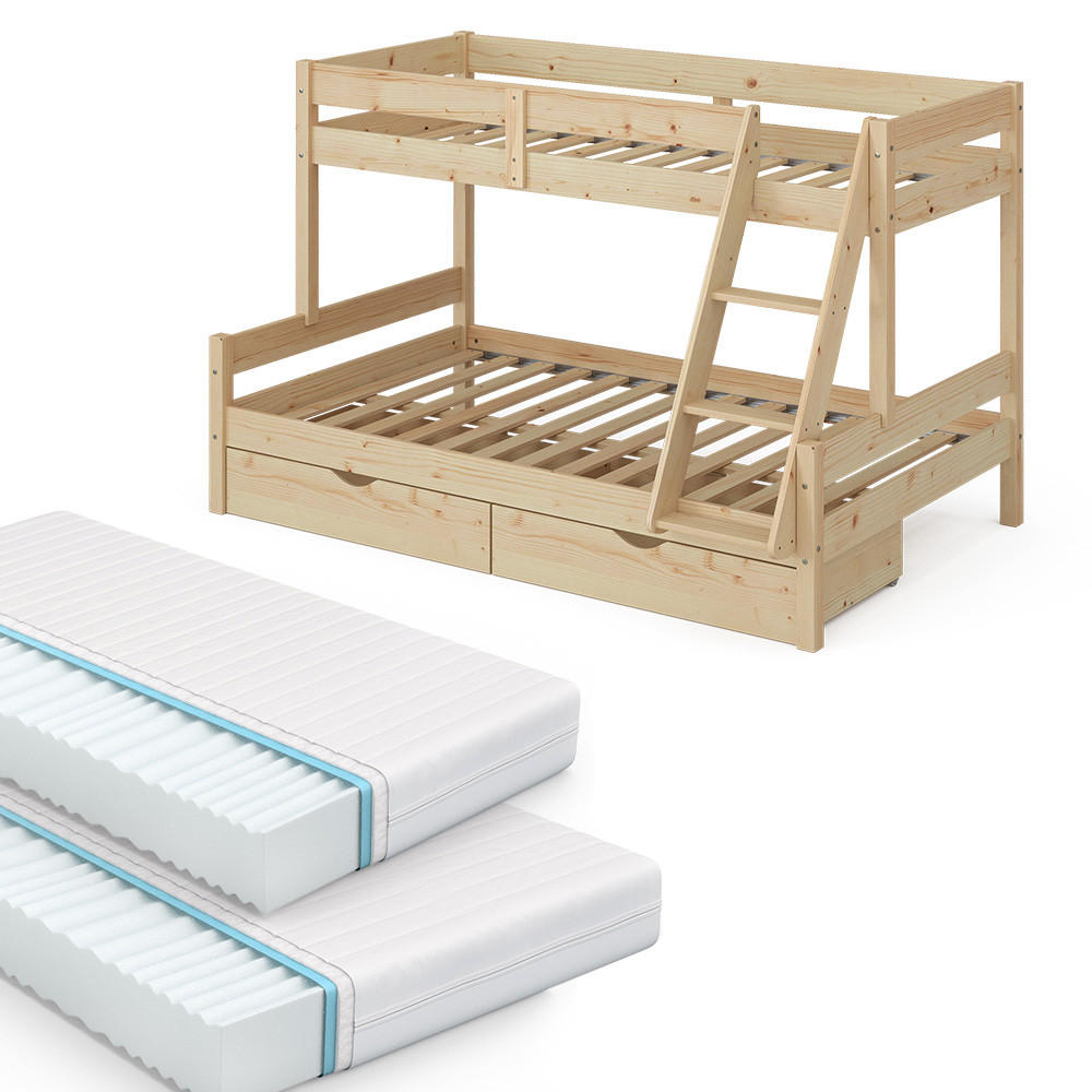 VitaliSpa PATROVÁ POSTEL Everest Přírodní dřevo 120x200 / 80x200 cm se 2 matracemi a 2 zásuvkami