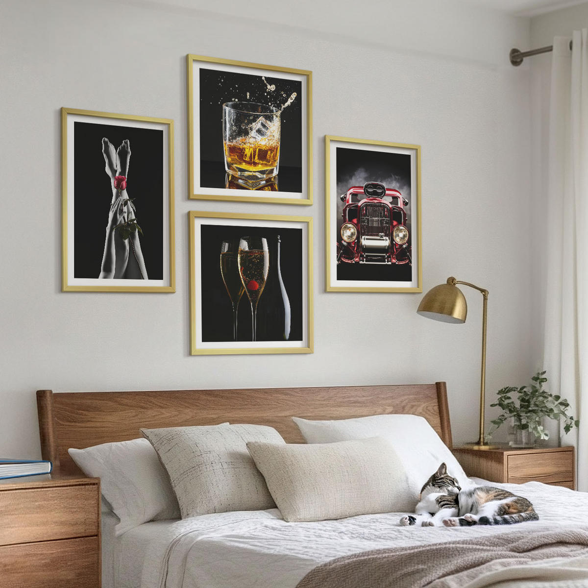 BILDER SET 4er Set - 50x50 cm & 40x60 cm Goldrahmen - Frauenbeine Rosenwagen Wein - Goldfarben, Kunststoff (50/50cm) - TULUP