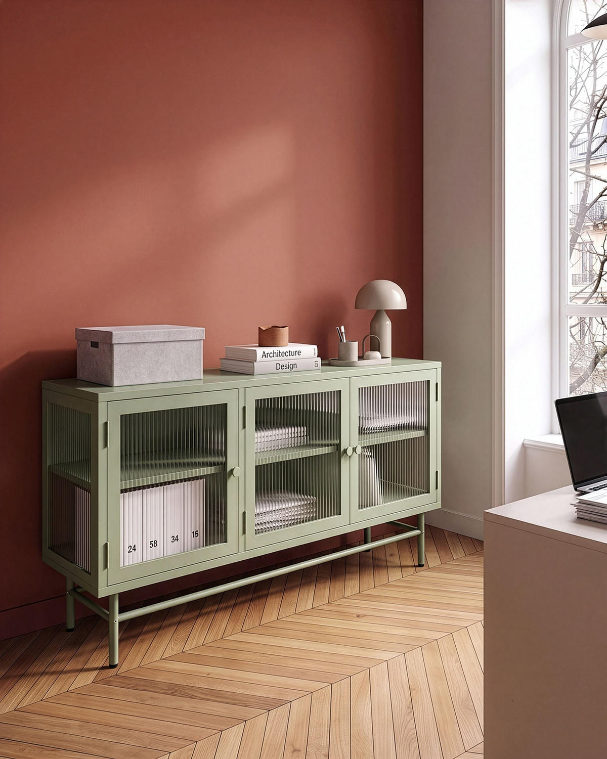 SIDEBOARD se skleněnými dveřmi Kov 115 cm Zelený Devon - zelená barva, kov (115/64/35cm) - Beliani