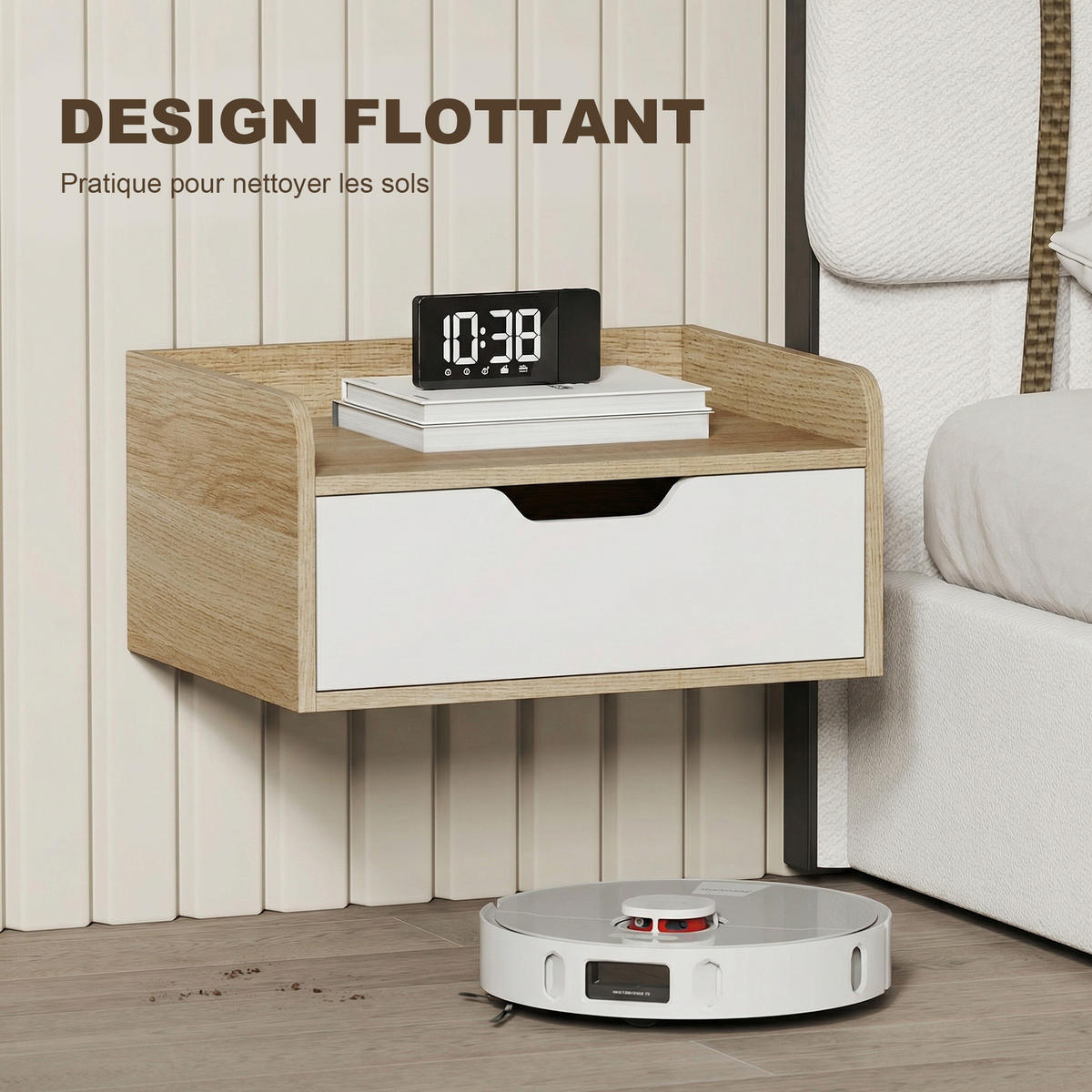 NACHTTISCH Natur Weiß Holzwerkstoff wandhängend mit Schublade 2er-Set - Naturfarben, Holzwerkstoff (40/19.5/30cm) - PANGIVO