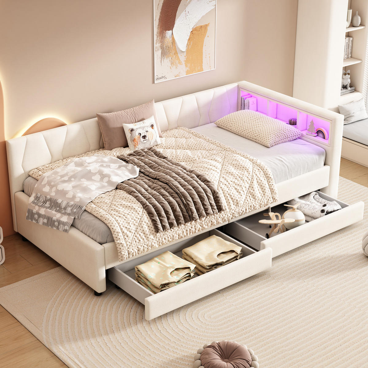 KREVET 90/200 cm s LED osvjetljenjem, USB+Type C priključkom, dva ladice i policama, Bež - bež, tekstil (90/200cm) - Redom