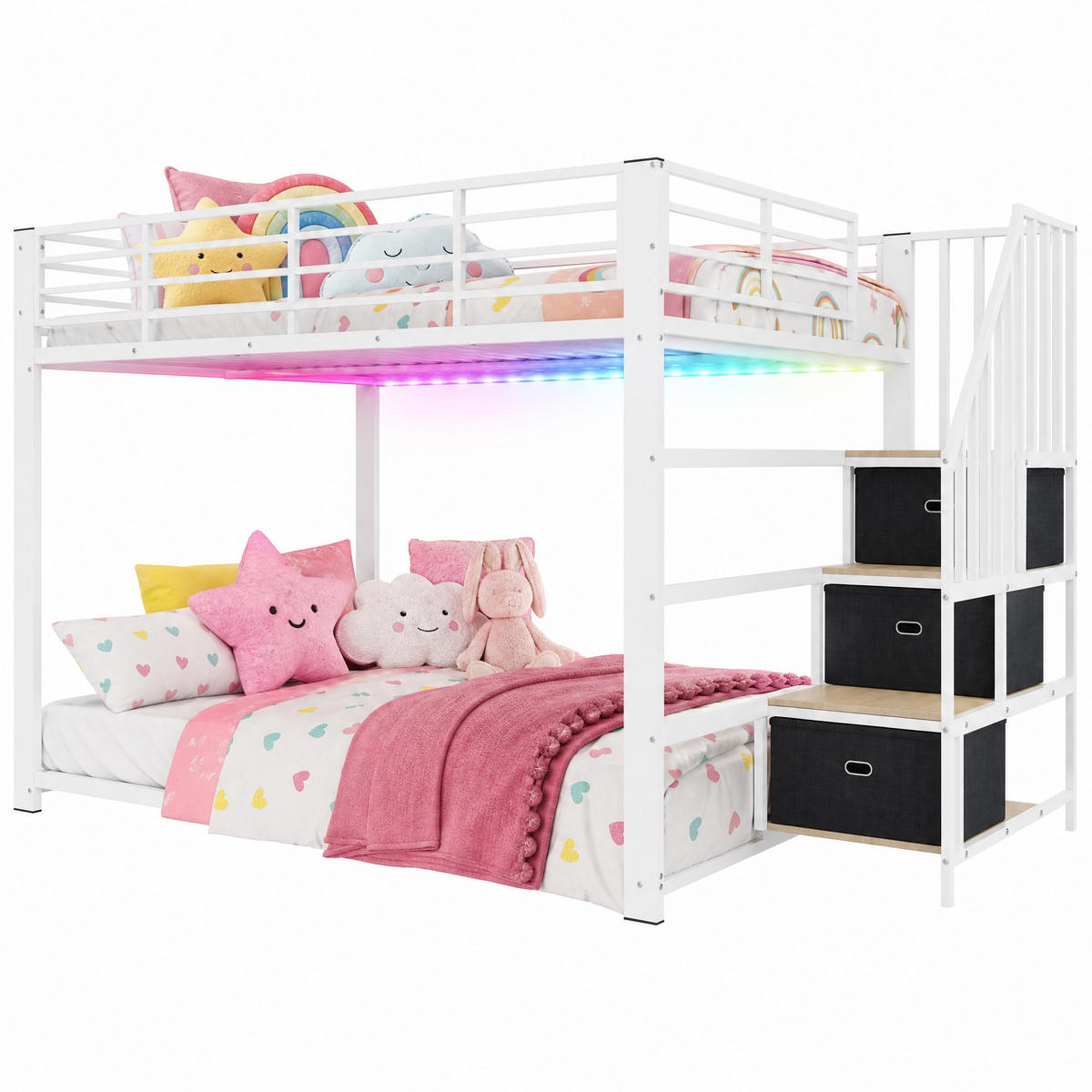 ETAGENBETT 140/200 cm mit Treppe, LED und Steckdose, DE-41957, in Weiß - Weiß, Metall (140/200cm) - ComfortXL
