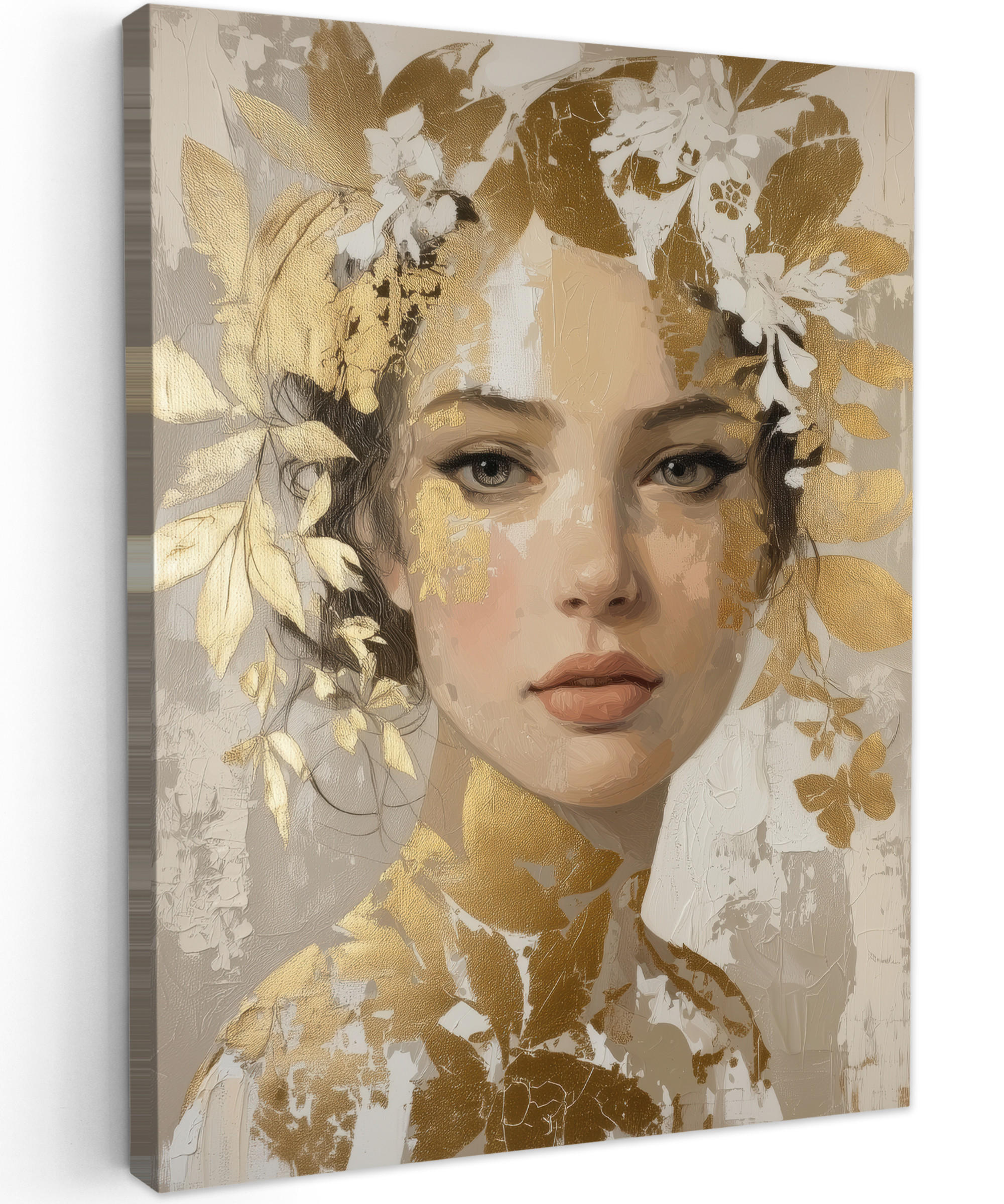 LEINWANDBILD Gesicht - Frau - Blätter - Gold Wandbild Wohnzimmer 60x80 cm - Beige, Textil (60/80cm) - MuchoWow