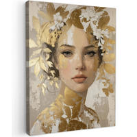 LEINWANDBILD Gesicht - Frau - Blätter - Gold Wandbild Wohnzimmer 60x80 cm - Beige, Textil (60/80cm) - MuchoWow