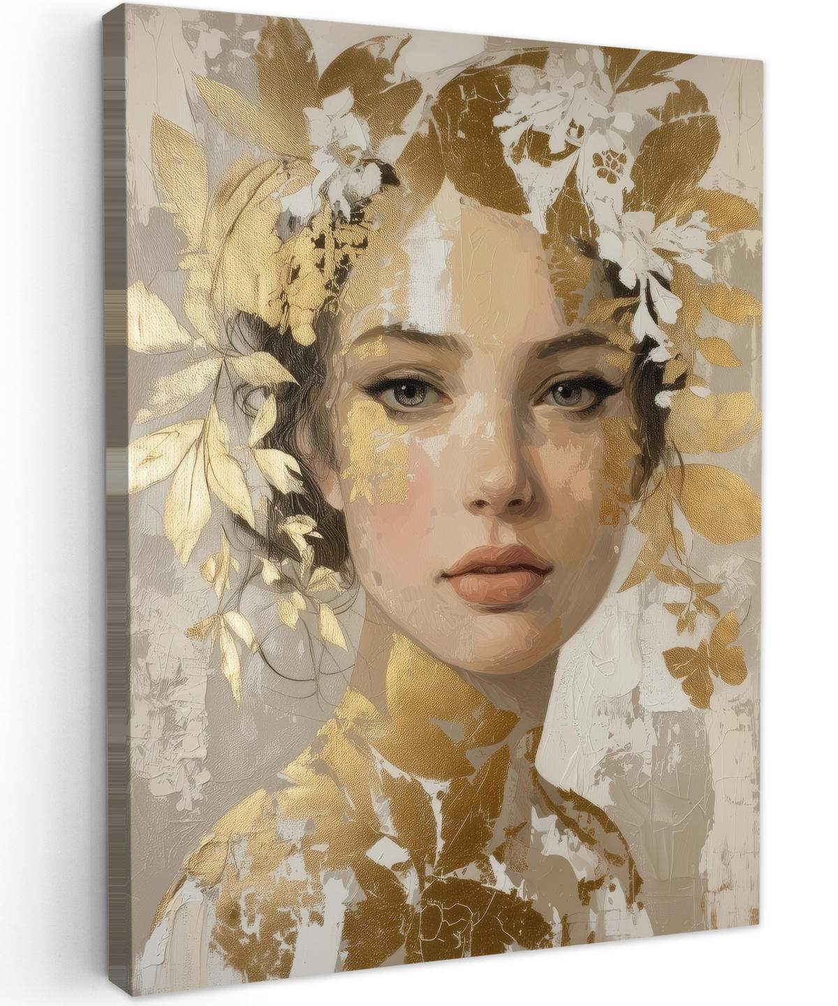 LEINWANDBILD Gesicht - Frau - Blätter - Gold Wandbild Wohnzimmer 60x80 cm - Beige, Textil (60/80cm) - MuchoWow