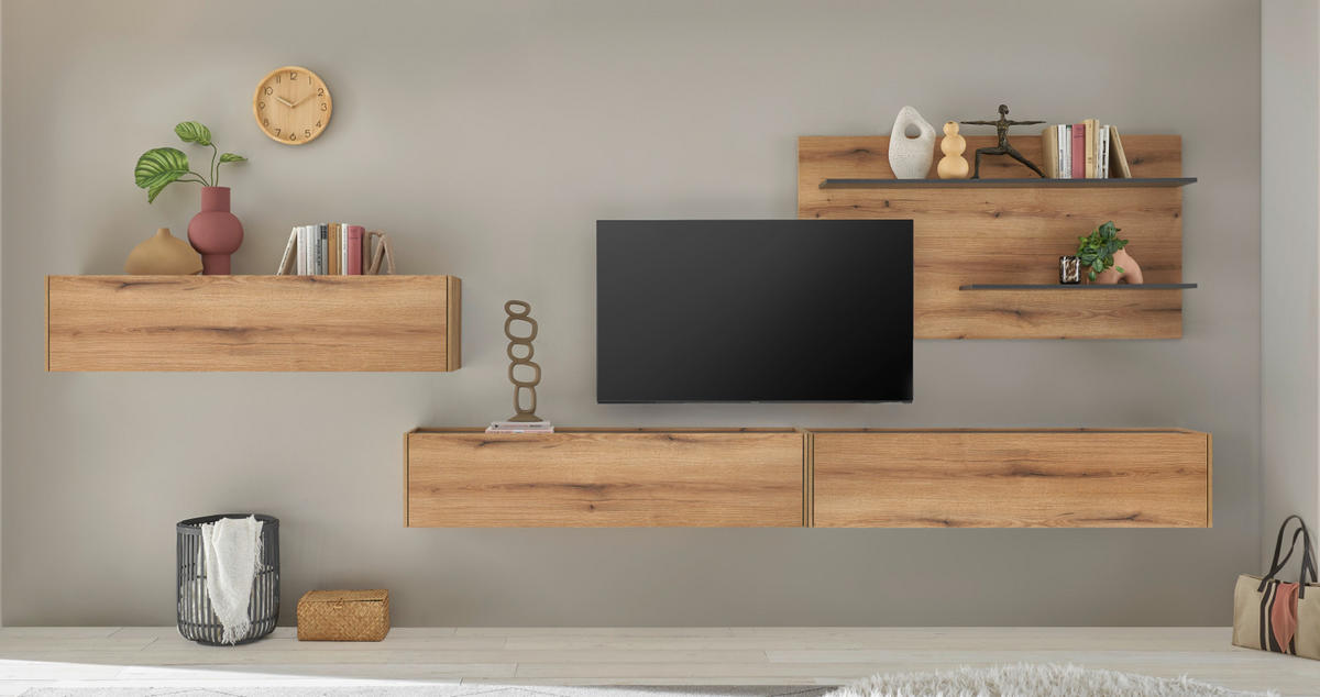 WOHNWAND Evoke Eiche, grau, Set 4-teilig mit XXL-TV-Schrank, 400 cm - Eichefarben/Grau, Holz/Holzwerkstoff (400/180/30cm) - Furn.Design