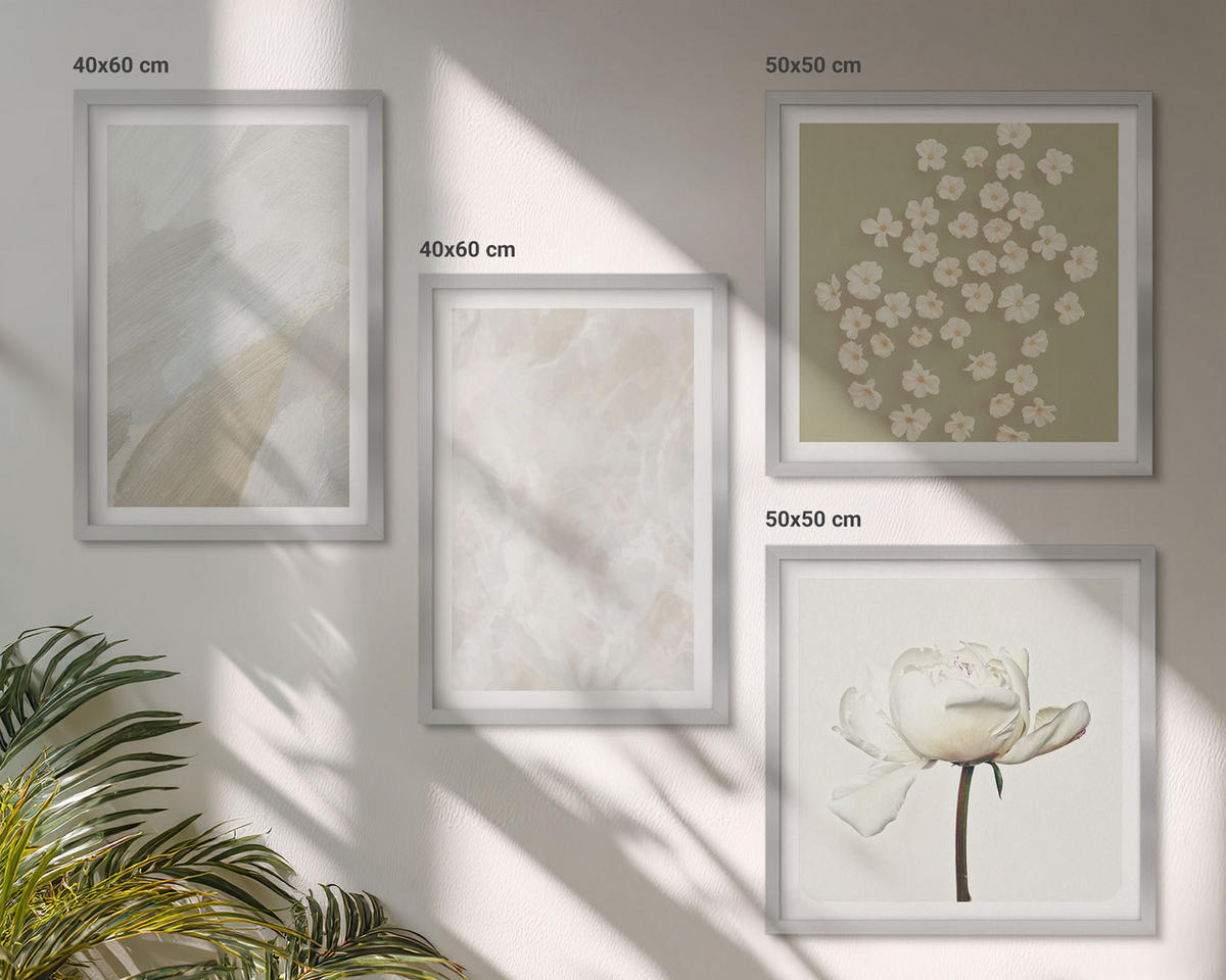 WANDBILDER 4er Set - 50x50 cm & 40x60 cm Silberner Rahmen - Blumen, modische Boho-Texturen - Silberfarben, Kunststoff (50/50cm) - ArtPrintCave