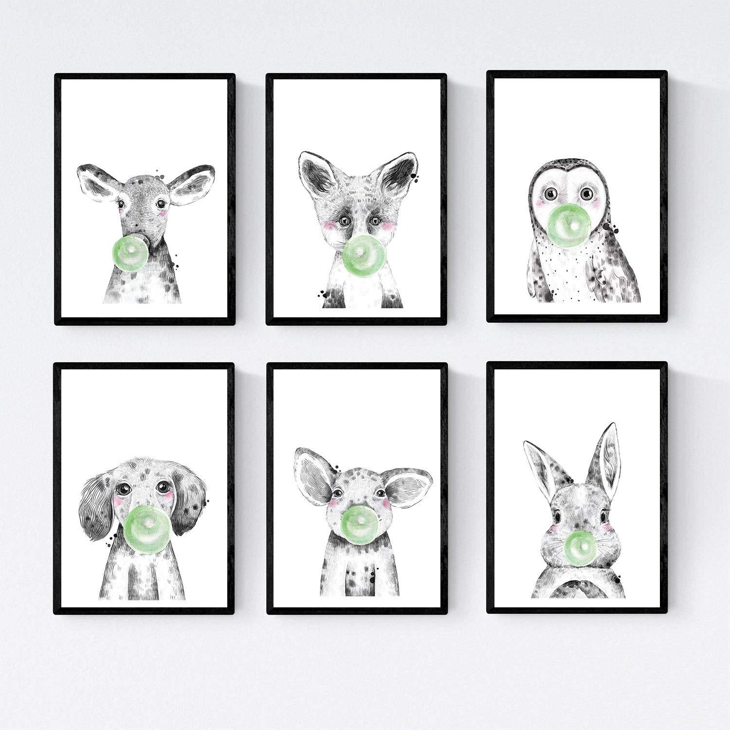 POSTER Set Mit 6 Tiere Babys Mit Kaugummi - Schwarz, Papier (29/3cm) - Nacnic