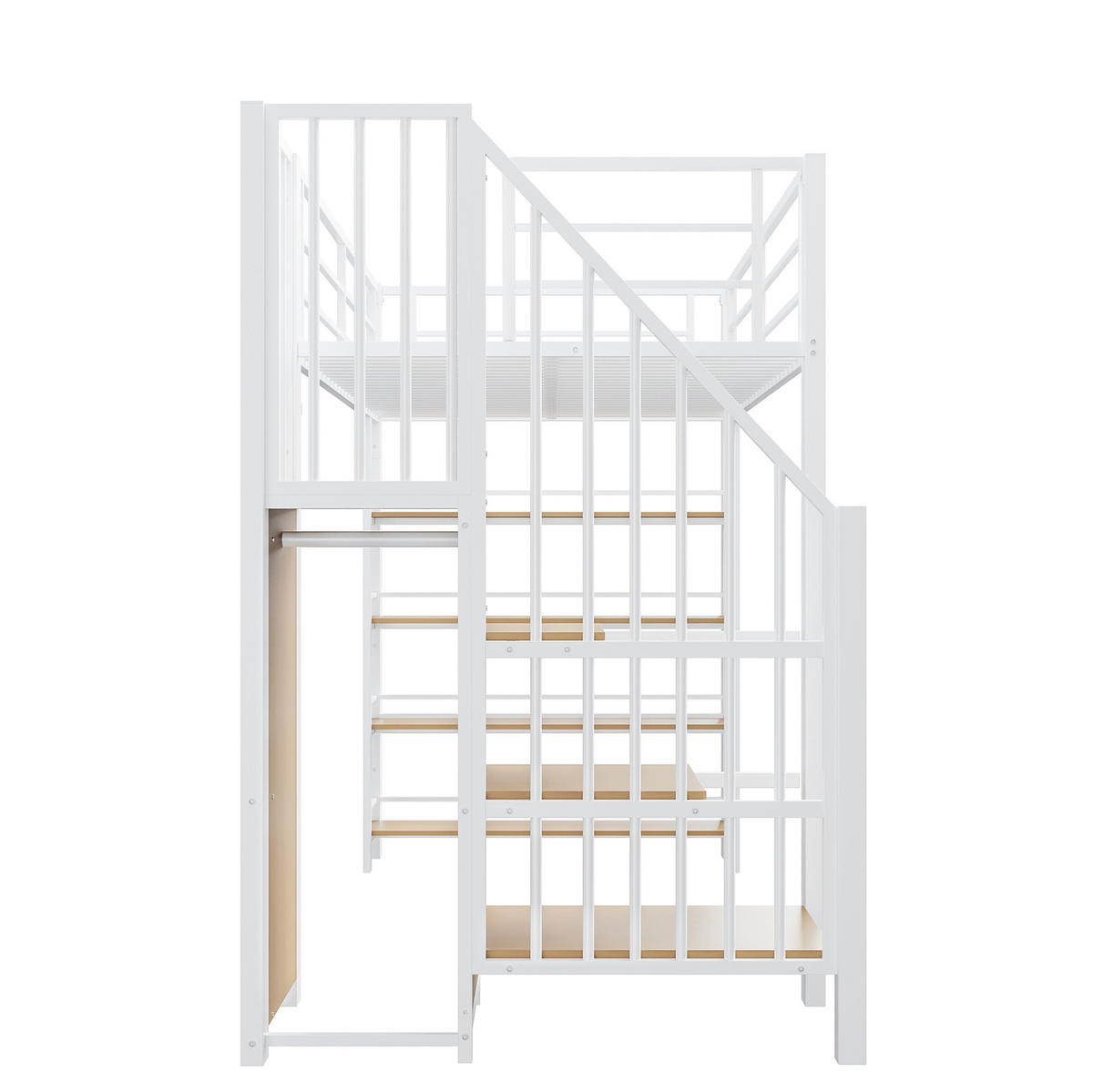 HOCHBETT aus Metall und MDF 90x200 cm Weiß mit Stauraumtreppe, Kleiderschrank, Regalen und hohem Fallschutz - Weiß, Metall (90/200cm) - Modfu