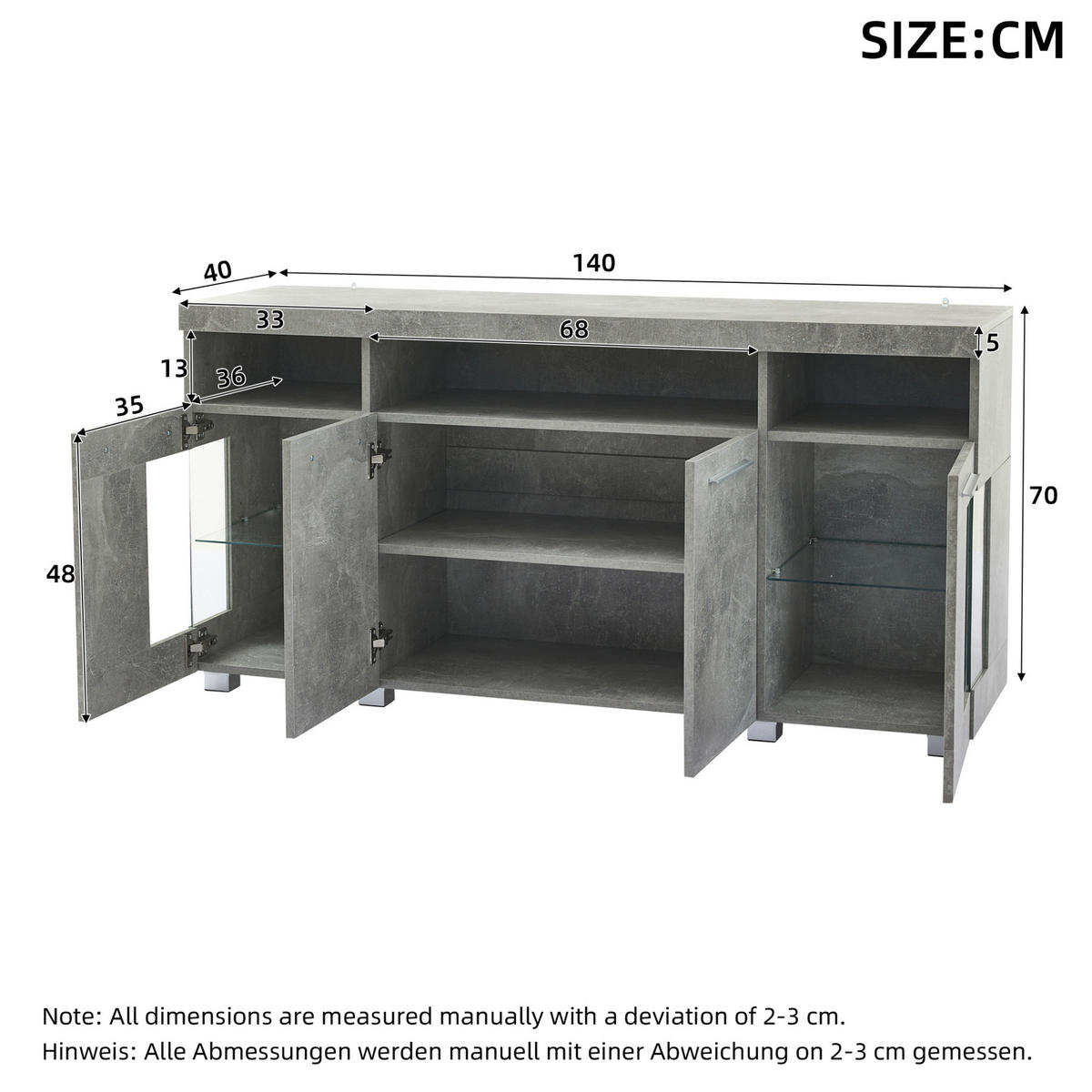 SIDEBOARD, 140/40/70 cm, MDF a tvrzené sklo, cementově šedé, s LED osvětlením - šedá, kompozitní dřevo (140/70/40cm) - BEAOK