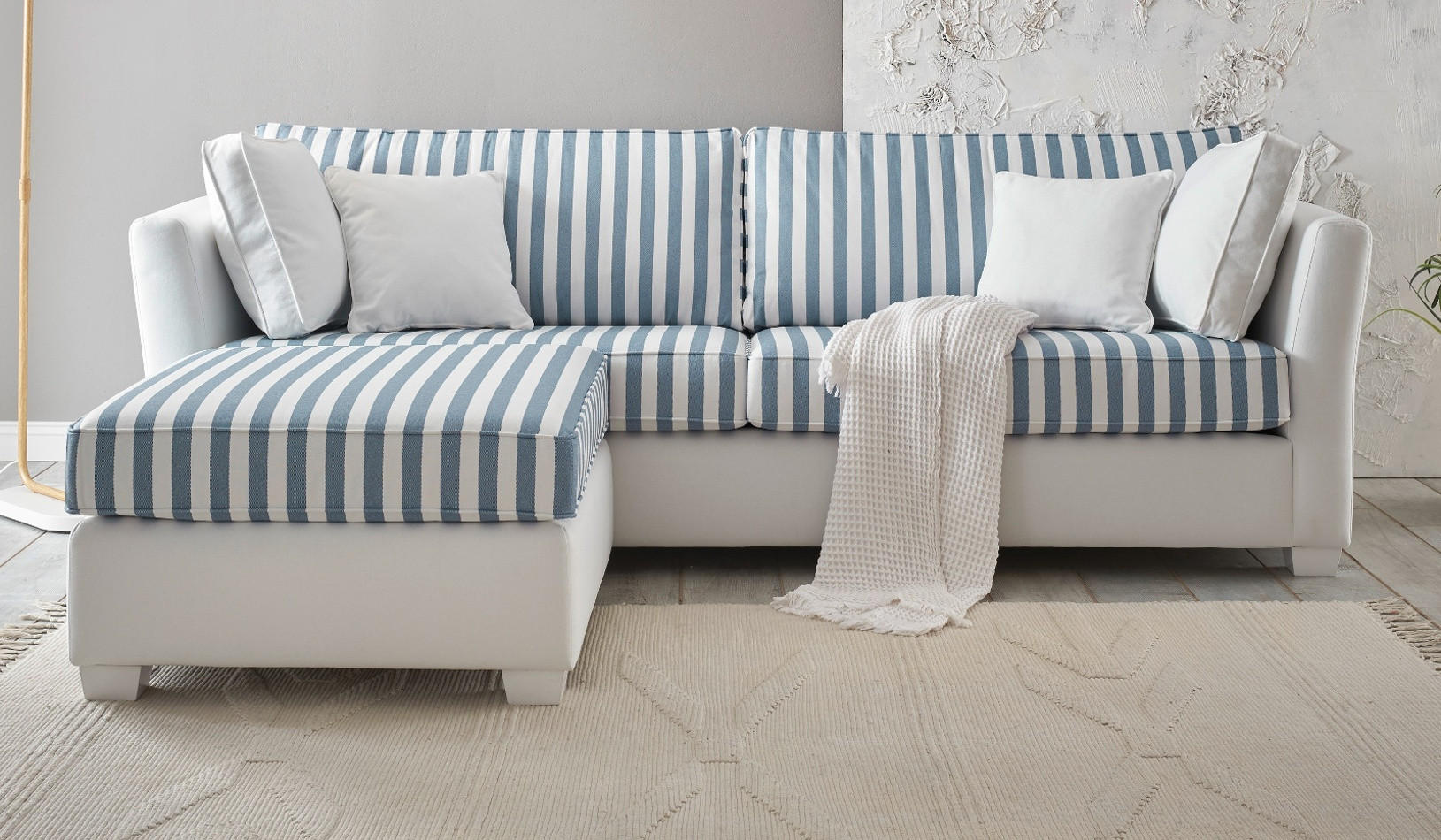 SOFA 3-Sitzer creme blau gestreift, Landhaus 240 cm, Couch Set inklusive Hocker - Blau/Creme, Holz/Textil (240/88/176cm) - Furn.Design