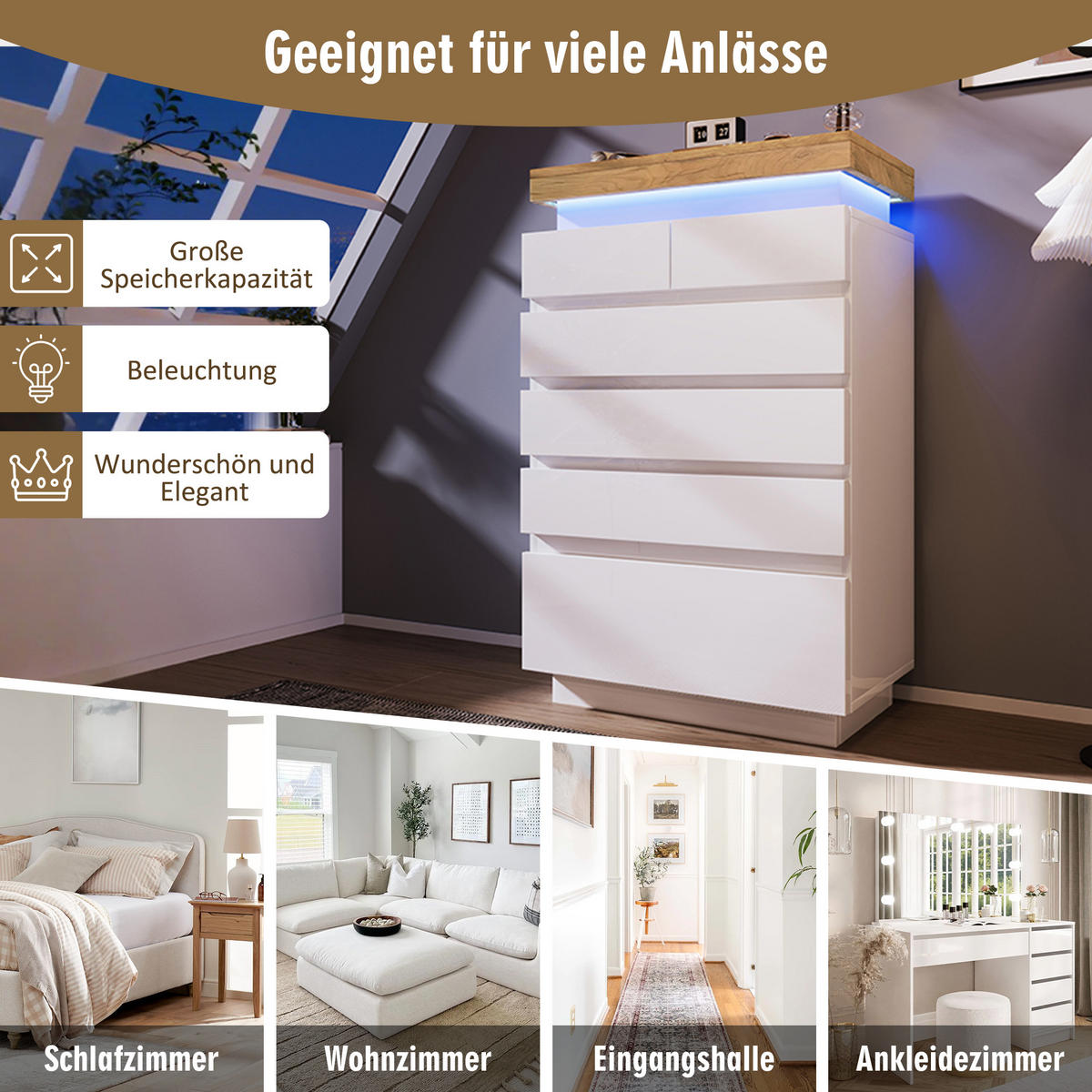 SIDEBOARD in Weiß Hochglanz Sideboard mit Schubladen und LED für Wohnzimmer und Schlafzimmer, B73/T39/H115 cm - Weiß, Holzwerkstoff (73/115/39cm) - STILVORA