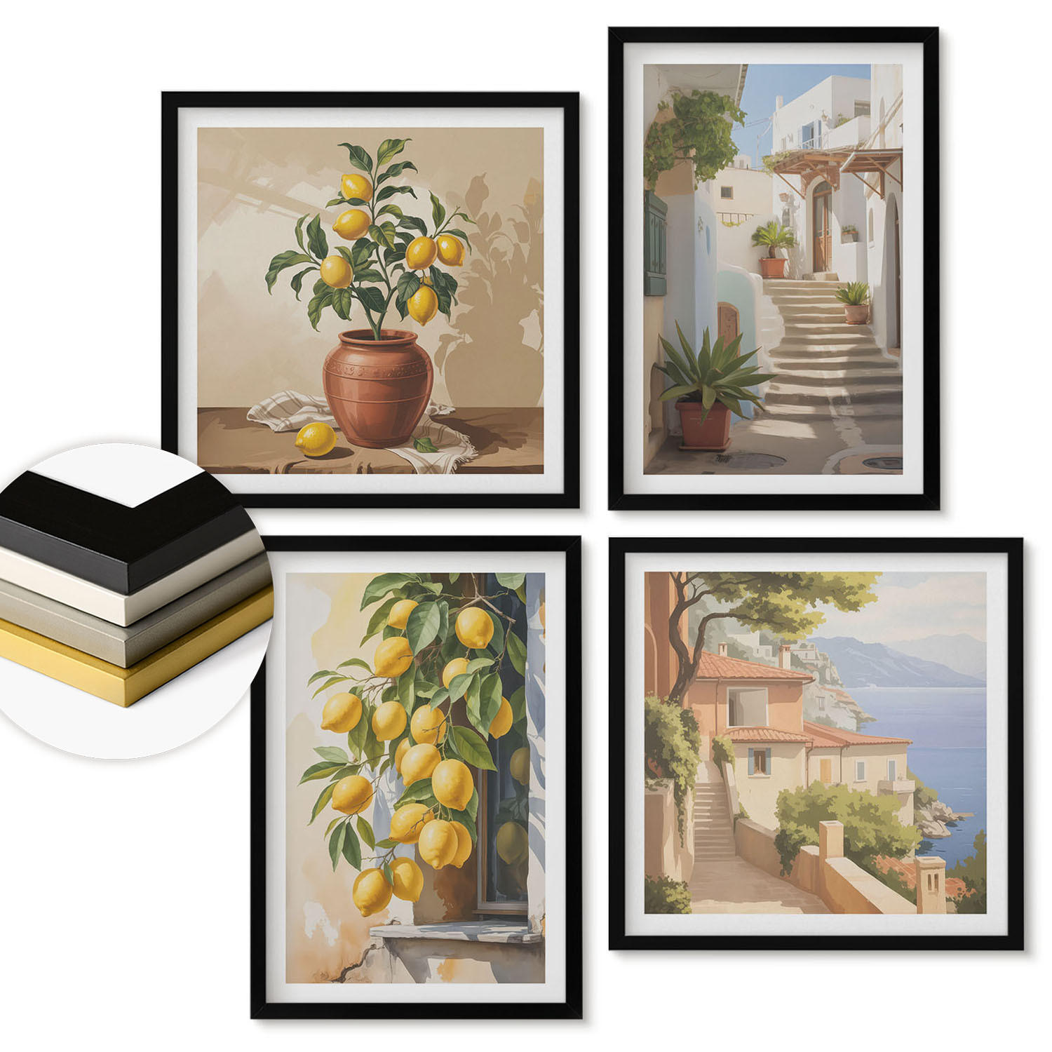 WANDBILDER 4er-Set - 50x50 cm & 40x60 cm Schwarzer Rahmen - Lemon Streets Meerblick - Schwarz, Kunststoff (50/50cm) - ArtPrintCave