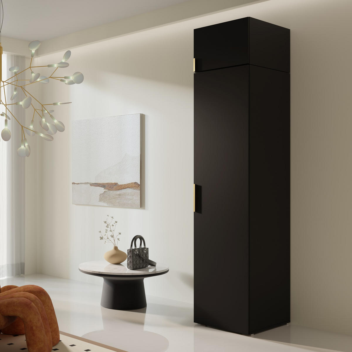 DREHTÜRENSCHRANK mit Aufsatz Napoli 1D 50 Schwarz (schwarzer oder goldener Griff) - Silberfarben/Schwarz, Holzwerkstoff/Kunststoff (50/35/60cm) - mzm24