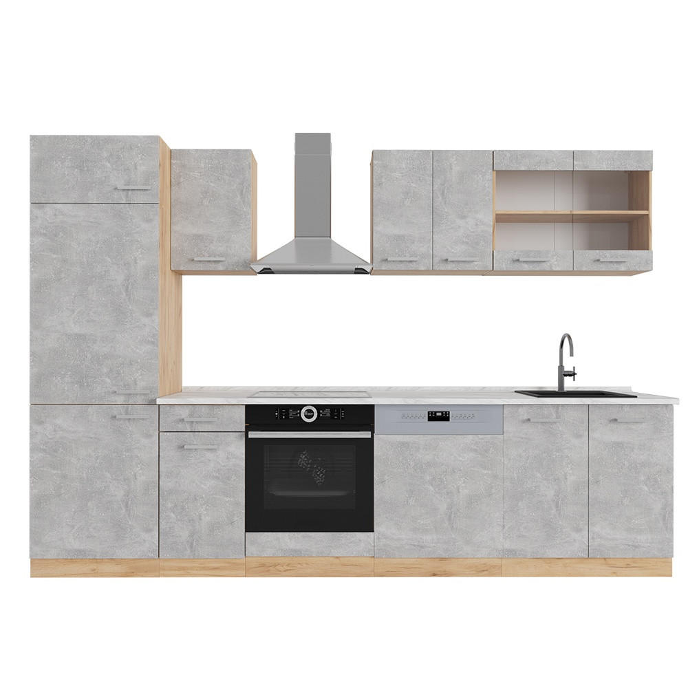 KÜCHENZEILE R-Line Beton/Goldkraft Eiche 300 cm , AP Marmor - Honigeiche/Grau, Holzwerkstoff (300/206.8/60cm) - Vicco