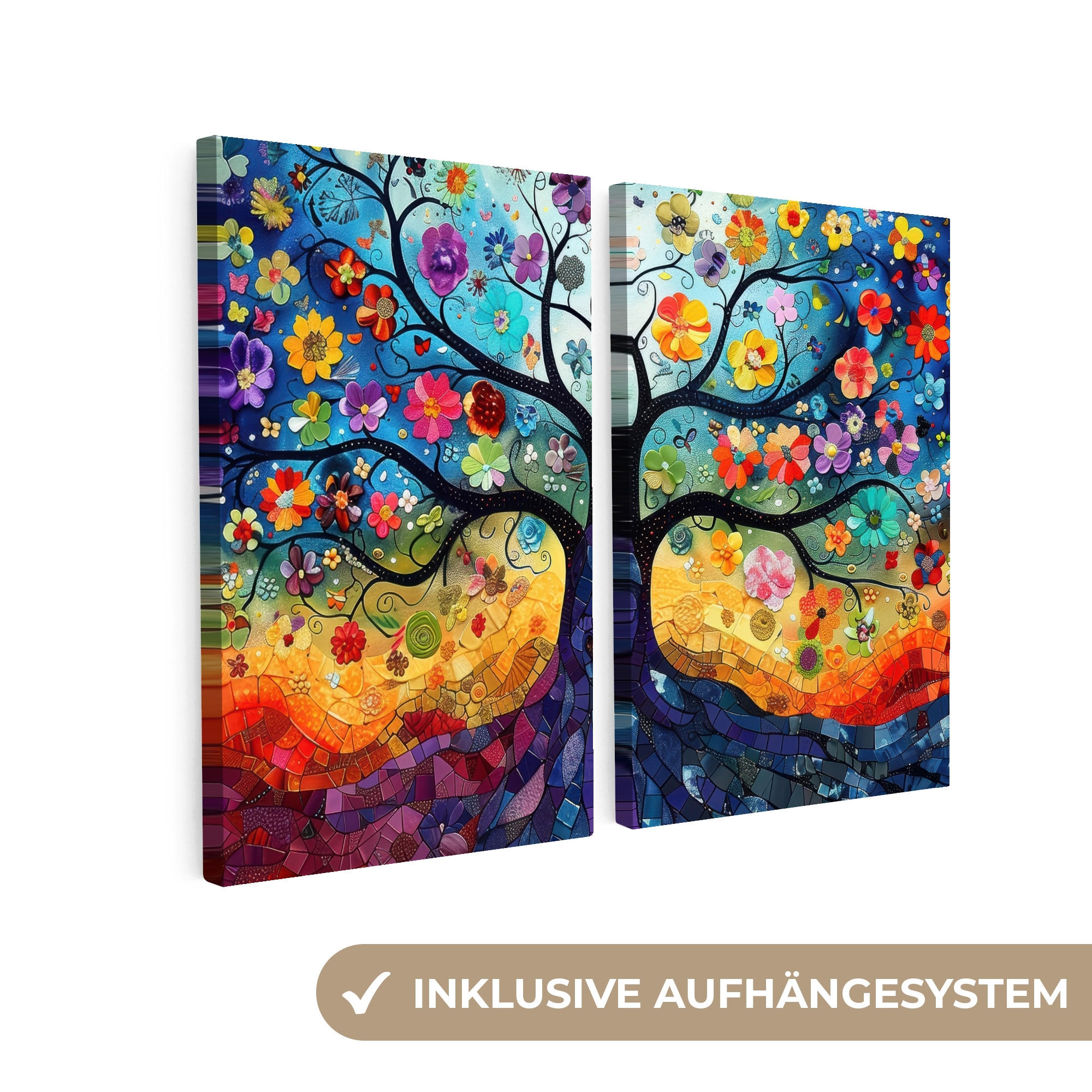 LEINWANDBILD 2er Set Bunt - Baum des Lebens - Blumen - Abstrakt 80x60 cm - Blau, Textil (80/60cm) - MuchoWow