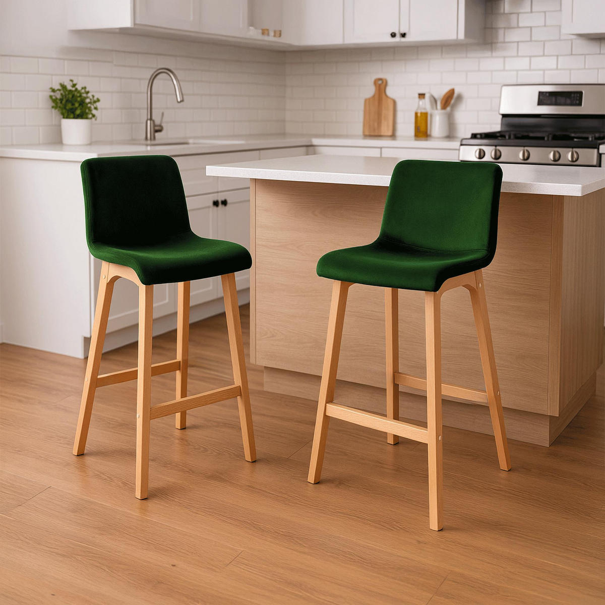 BARHOCKER Samt Grün - Eukalyptusholzfarben/Grün, Holz/Textil (41/101/46cm) - CLP