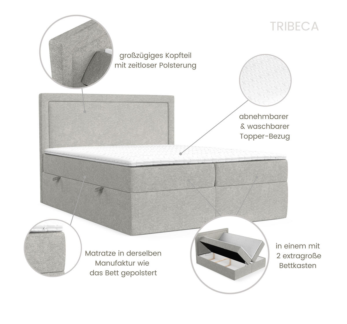 BOXBETT Tribeca Hellgrau 200/200 cm mit Taschenmatratze und Topper - Hellgrau/Schwarz, Holz/Holzwerkstoff (200/200cm) - Maison de Reve