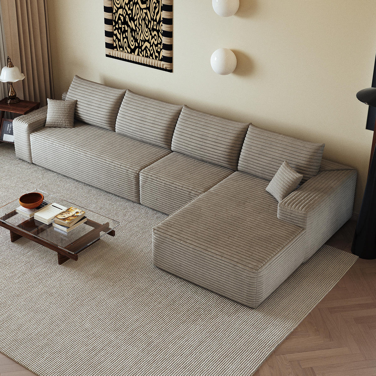 ECKSOFA 340/175/83 cm Kamel mit L-förmiger Chaiselongue, Rechte Seite - Braun/Cappuccino, Textil (340/175cm) - Oxeza