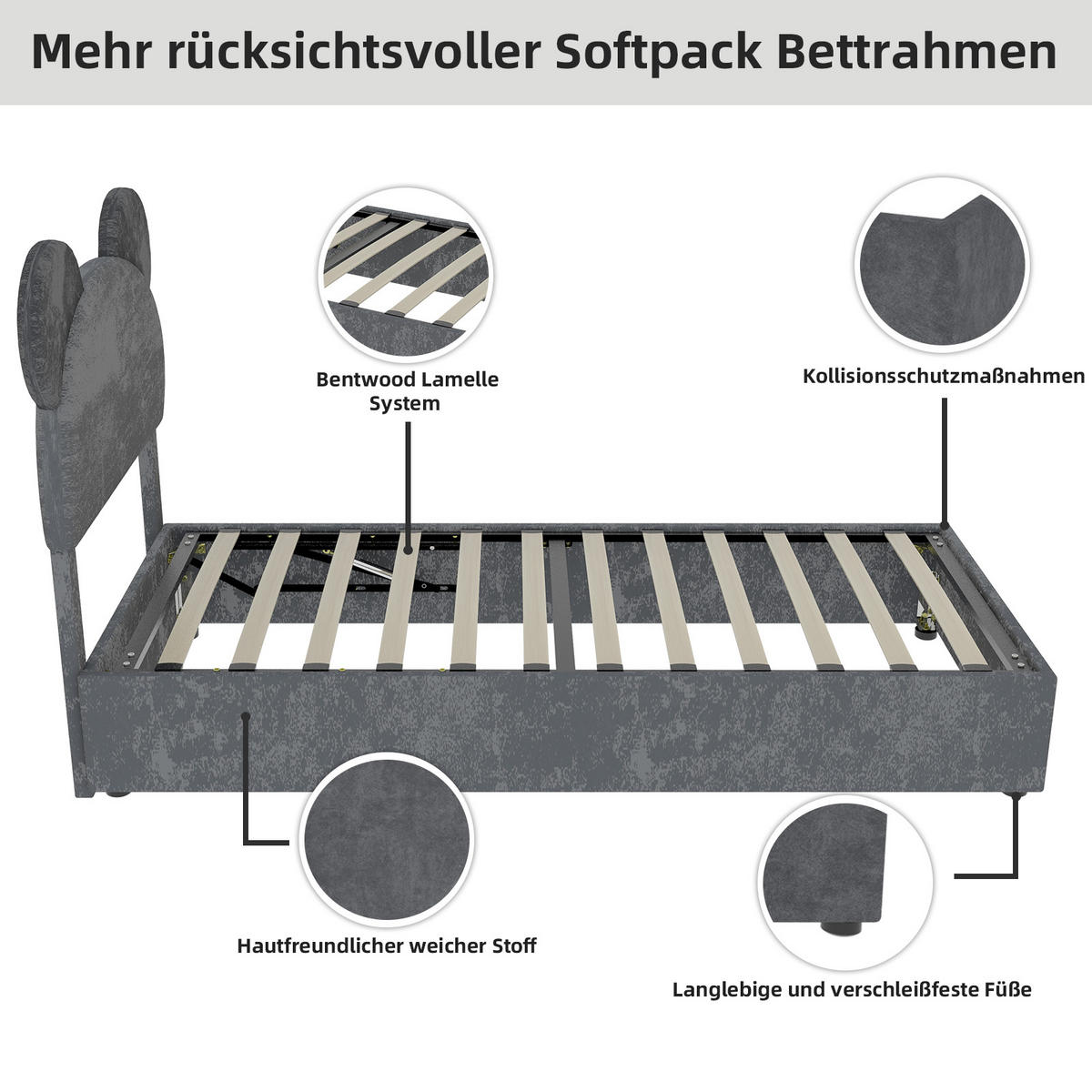 POLSTERBETT 90x200 cm Cartoon Stauraum grau - Grau, Textil (90/200cm) - LEBENLANG