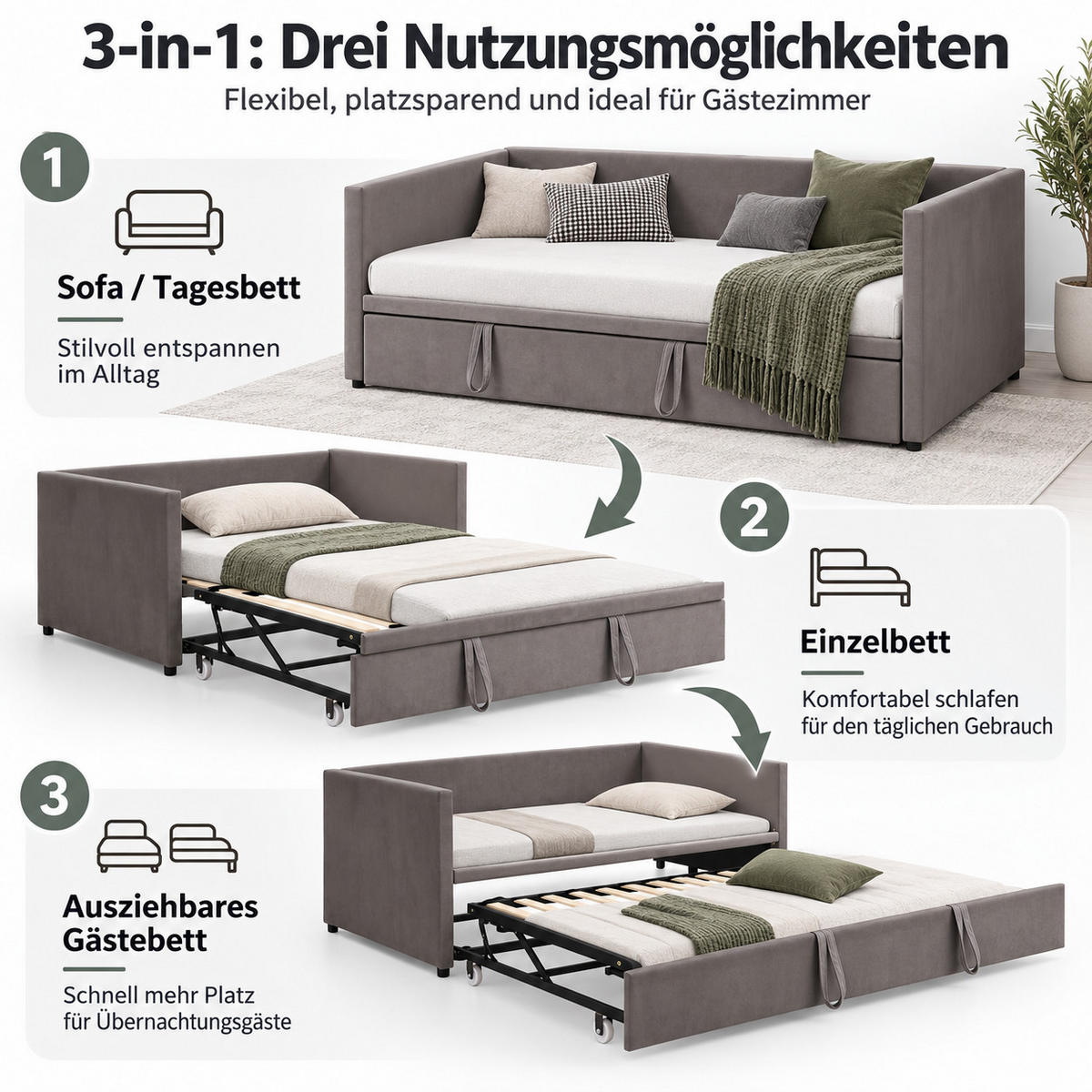SCHLAFSOFA Samt grau ausziehbar mit Gästebett Funktion 3-fach umwandelbar Tagesbett mit Rollen - Grau, Metall (183/74/213cm) - Joyfair