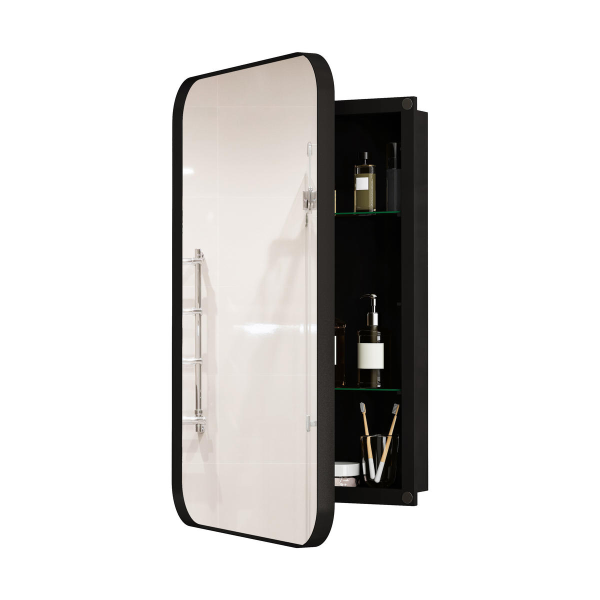 SPIEGELSCHRANK 76x51x12cm schwarz mit Aufbewahrung - Wandspiegel für Badezimmer - Schwarz, Glas (76/12/51cm) - Modfu