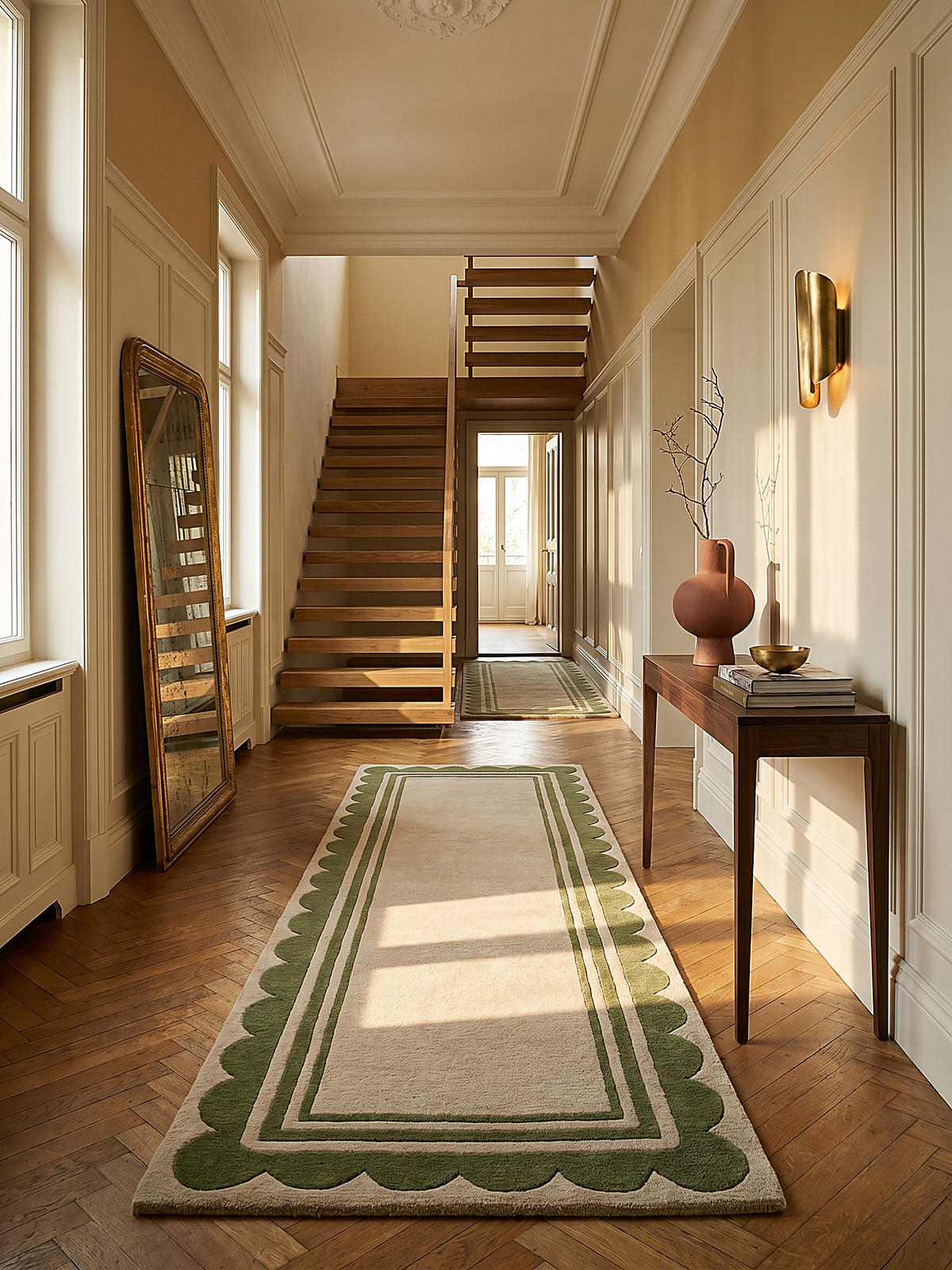 WOLLTEPPICH WENSUM, mit grafischem Muster mit Rahmen, Grün-Beige, 80 x 230 cm - Grün, Textil (80/230cm) - KADIMA DESIGN