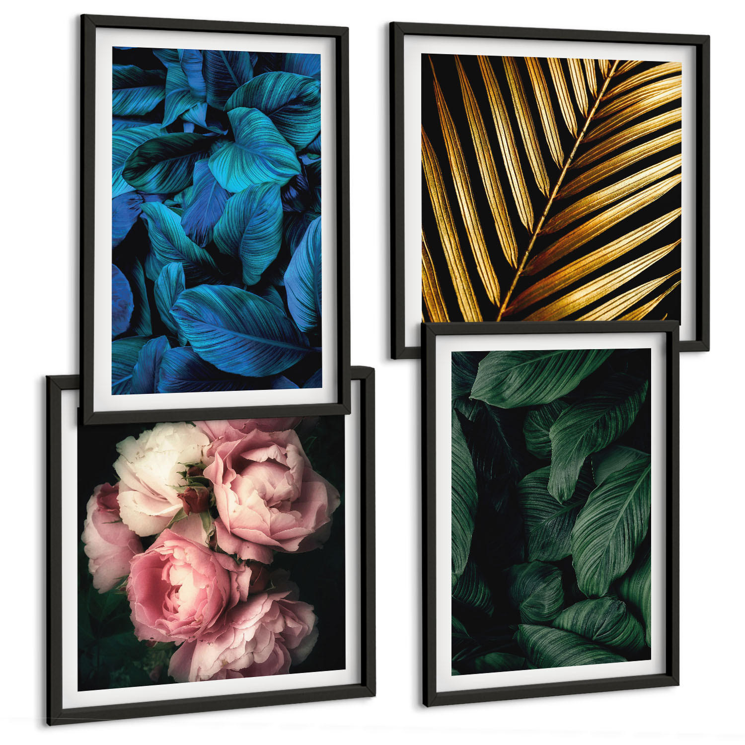 BILDER SET 4er Set - 50x50 cm & 40x60 cm Schwarzer Rahmen - Blätter und Blüten in verschiedenen Farben - Schwarz, Kunststoff (50/50cm) - TULUP