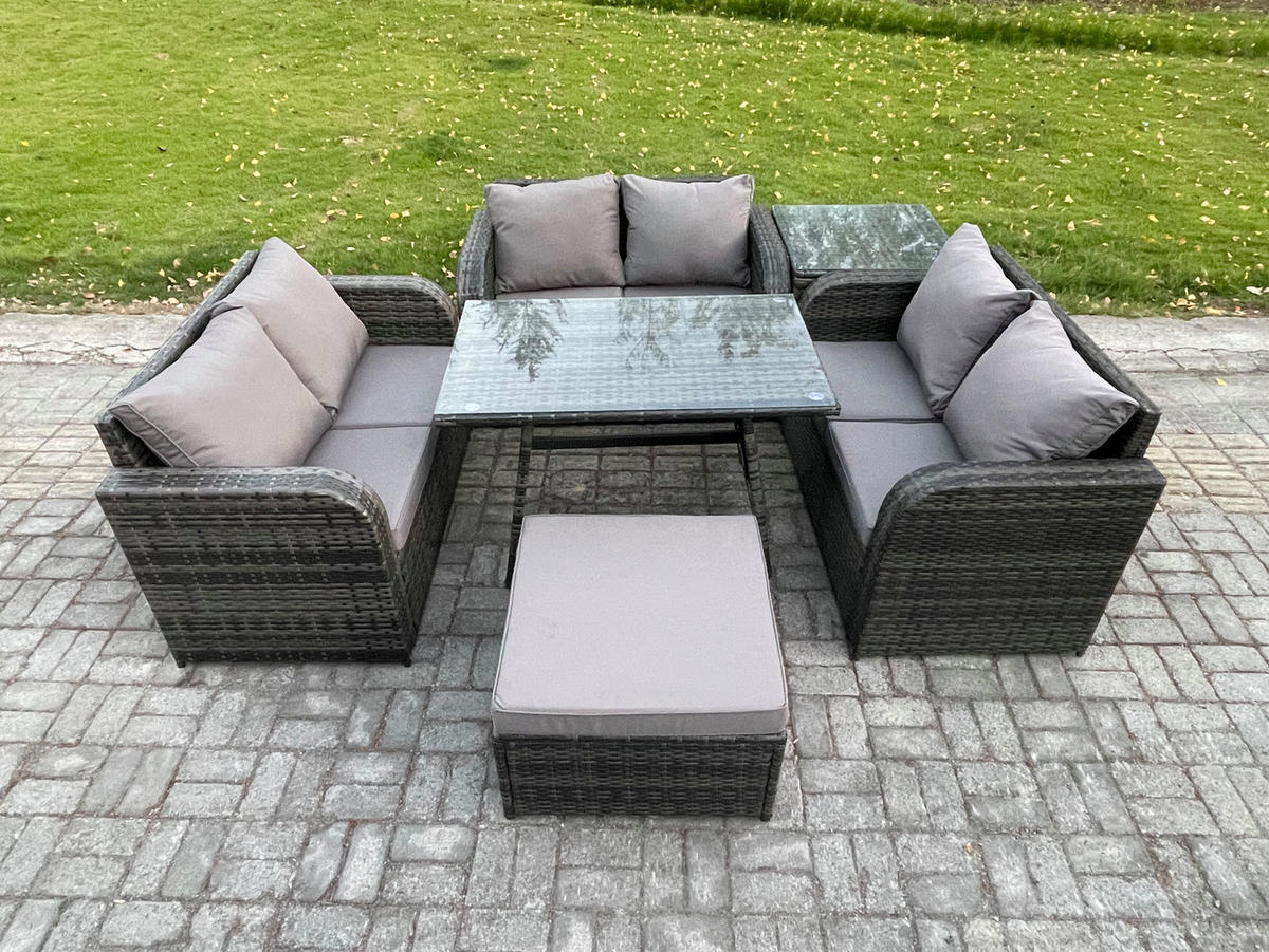 GARTENMÖBELSET mit ESSTISCH,SOFA Polyrattan 7-Sitzer - Dunkelgrau/Grau, Glas/Kunststoff - Fimous