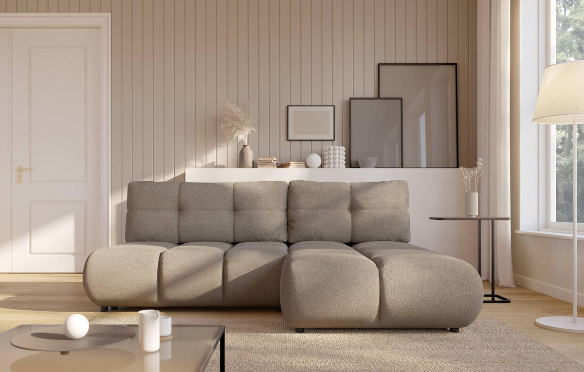 ECKSOFA CORSO R-S Grau Boucle-Stoff mit Schlaffunktion - Grau, Holz (230/177cm) - MASSENO