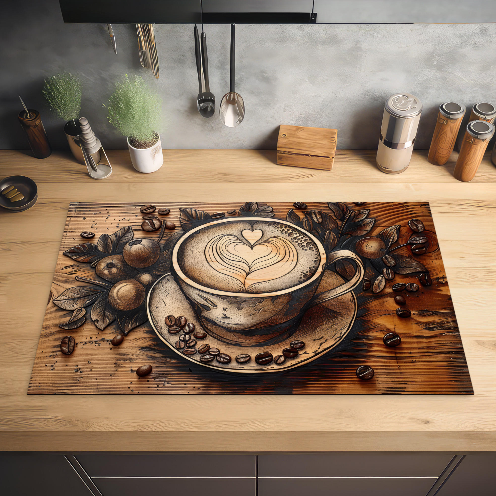 HERDABDECKPLATTE Kaffee - Vintage - Braun - Tasse - Holz 83x51 cm - Cappuccino, Kunststoff (83/0.2/51.5cm) - MuchoWow