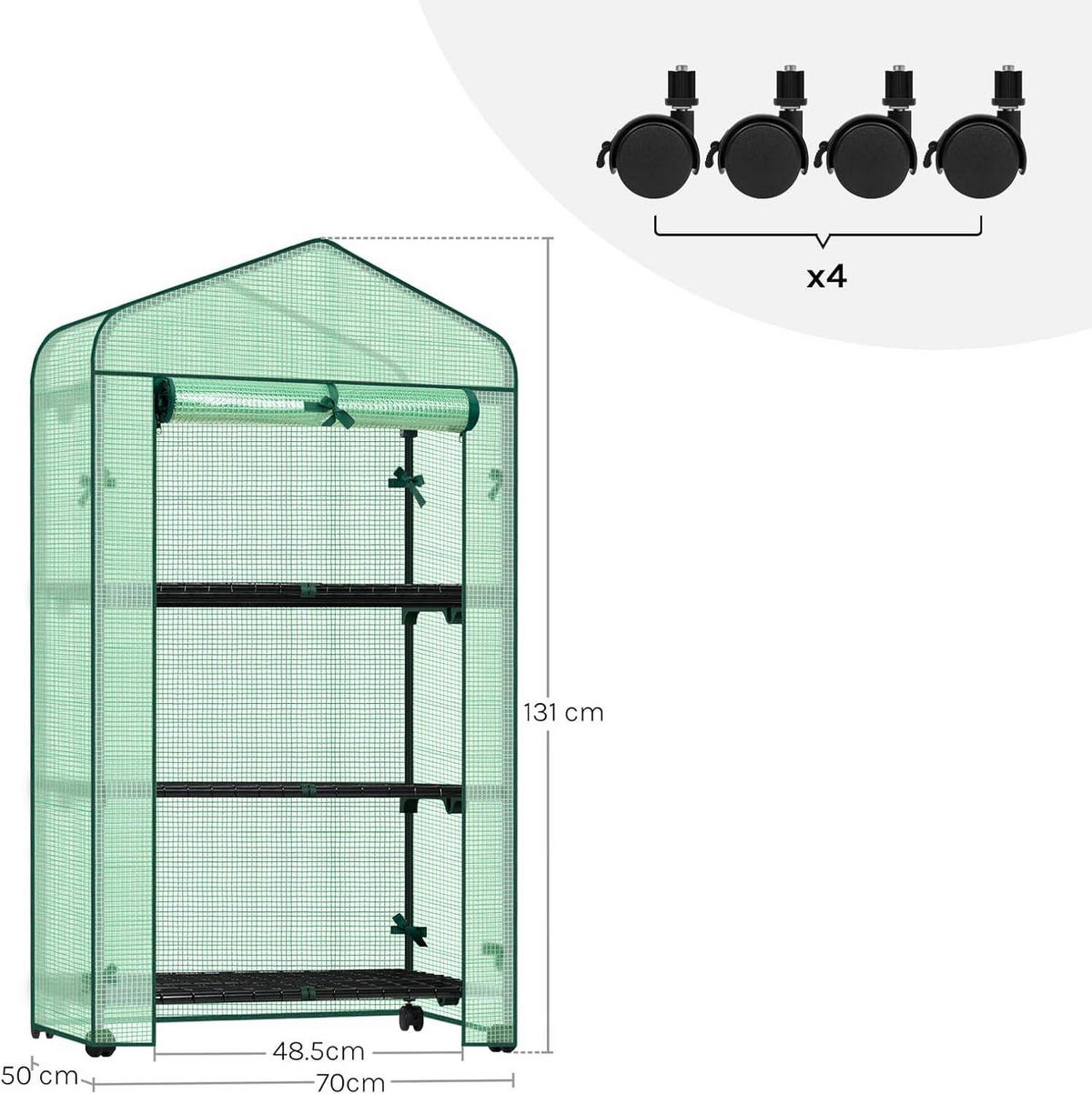 GEWÄCHSHAUS mit Rollen, Foliengewächshaus mit 3 Regalen - Grün, Textil/Metall (70/131/50cm) - Woltu