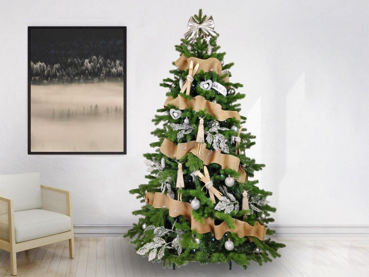 WEIHNACHTSBAUM künstlicher 150 cm, NORDGLANZ, mit 100-teiligem Weihnachtsbaumschmuck, inkl. Metallständer und Aufbewahrungsbox - Silberfarben/Weiß, Kunststoff/Metall (104/150cm) - LAALU